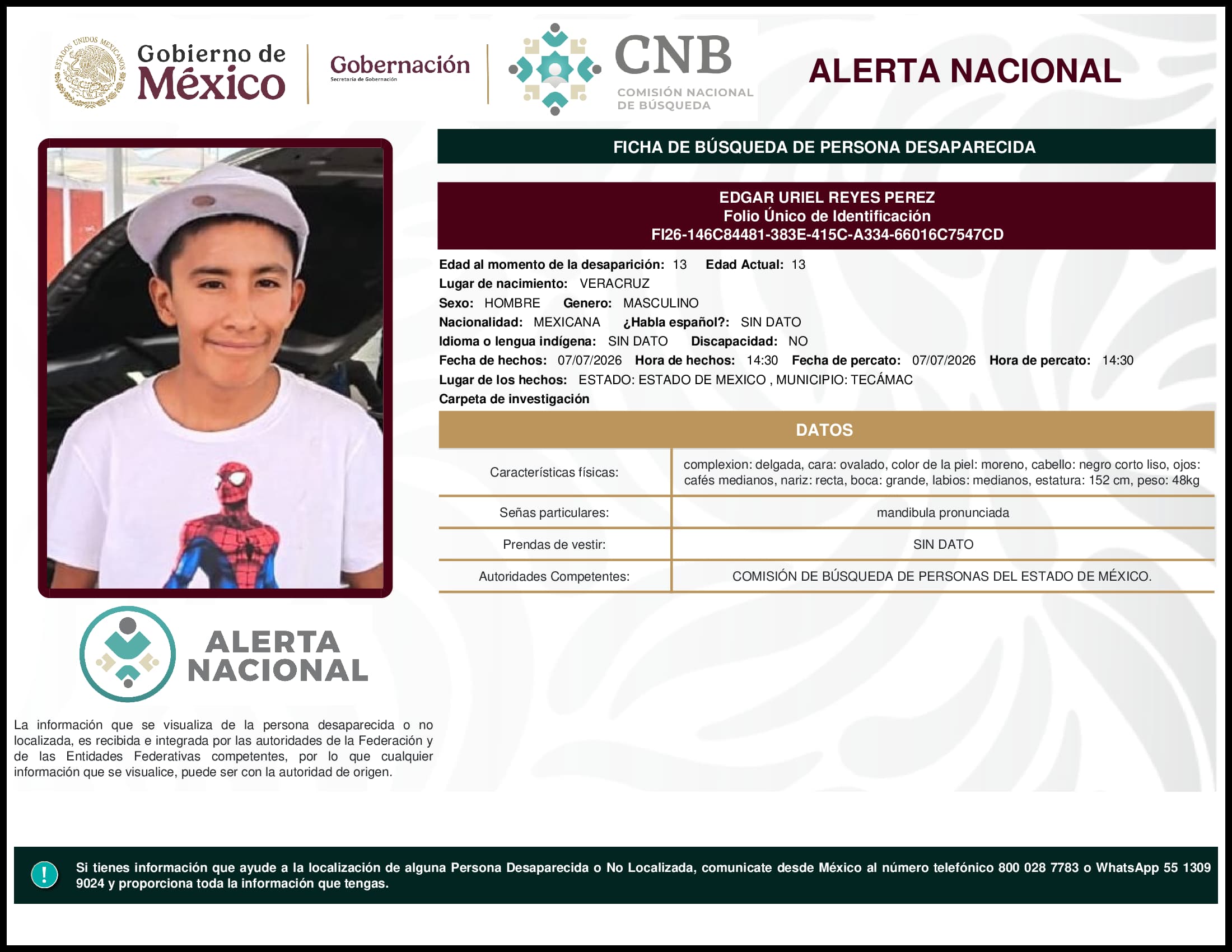 Persona desaparecida Edgar Uriel Reyes Perez