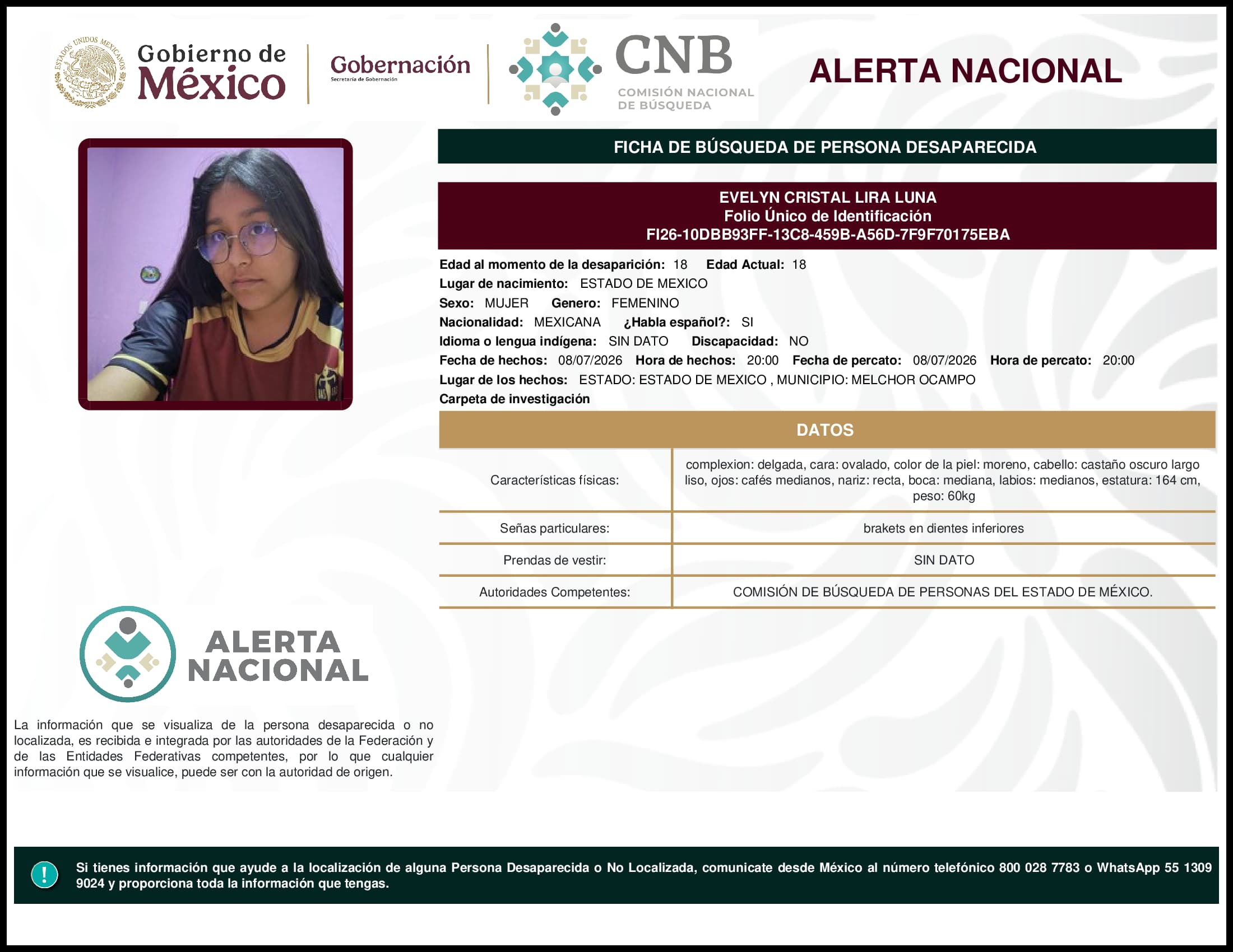 Persona desaparecida Evelyn Cristal Lira Luna