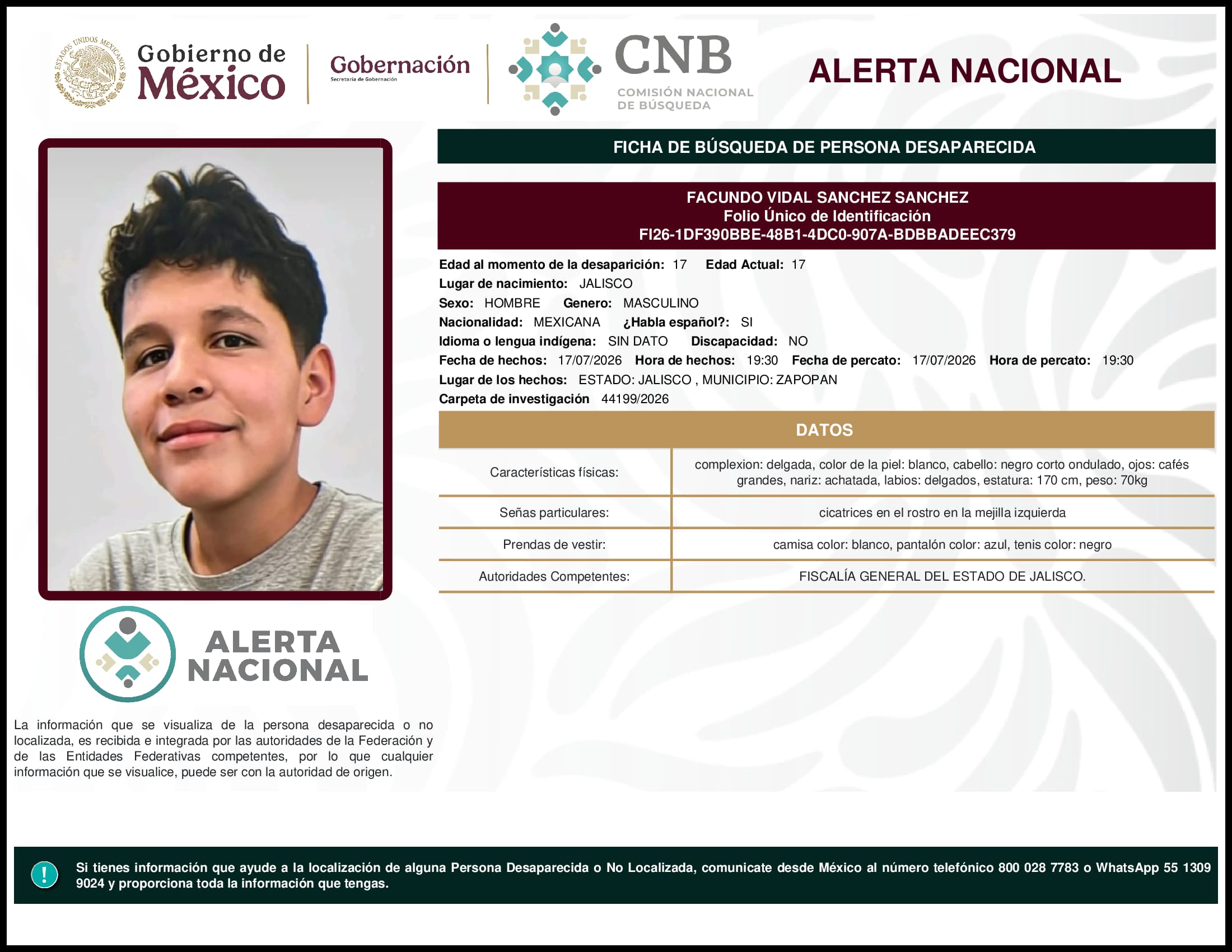 Persona desaparecida Facundo Vidal Sanchez Sanchez