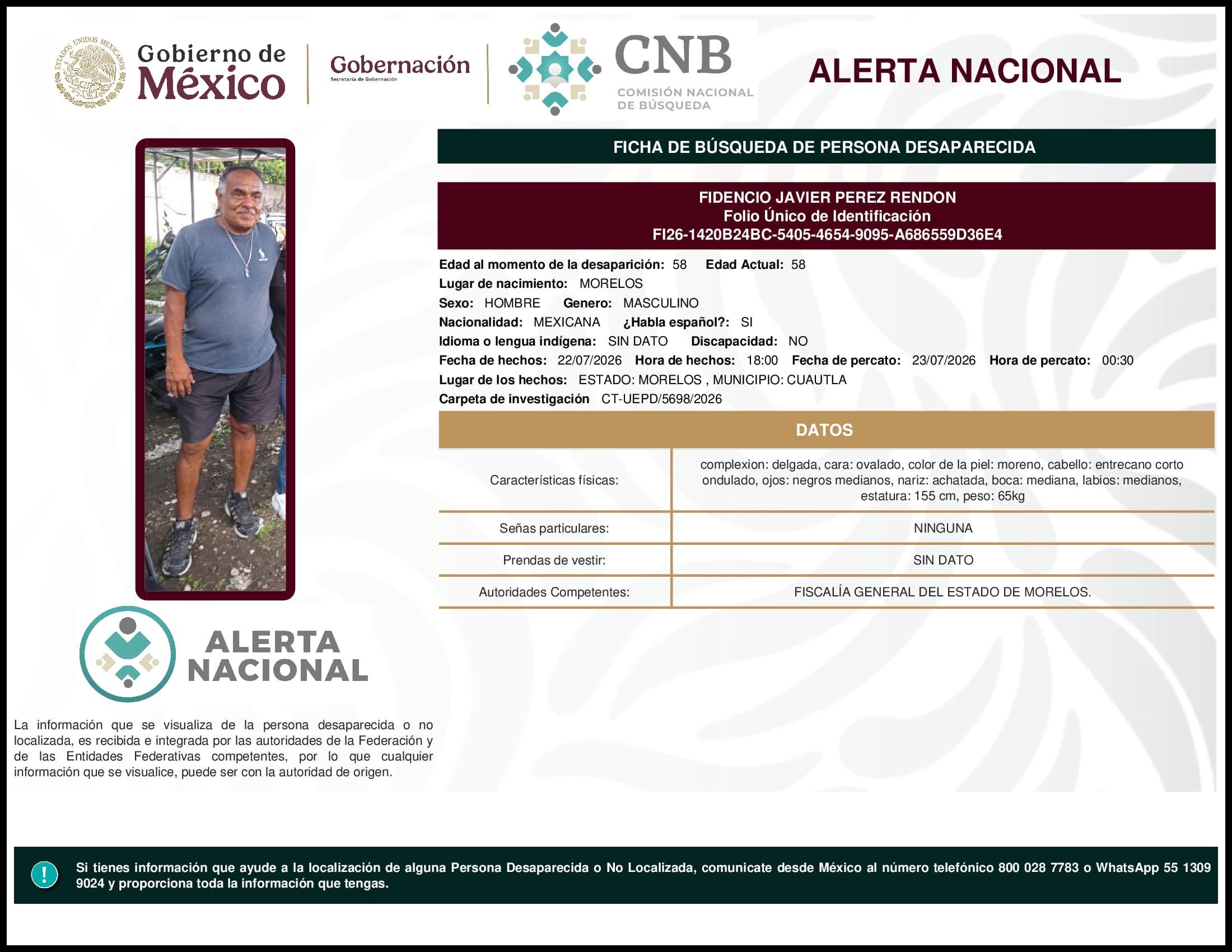 Persona desaparecida Fidencio Javier Perez Rendon