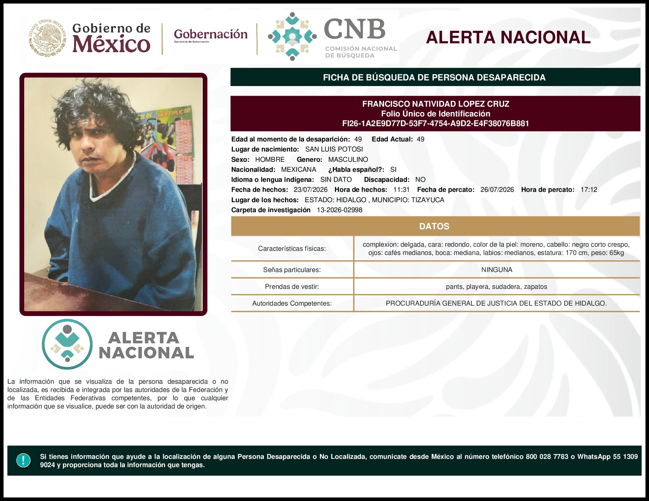 Persona desaparecida Francisco Natividad Lopez Cruz