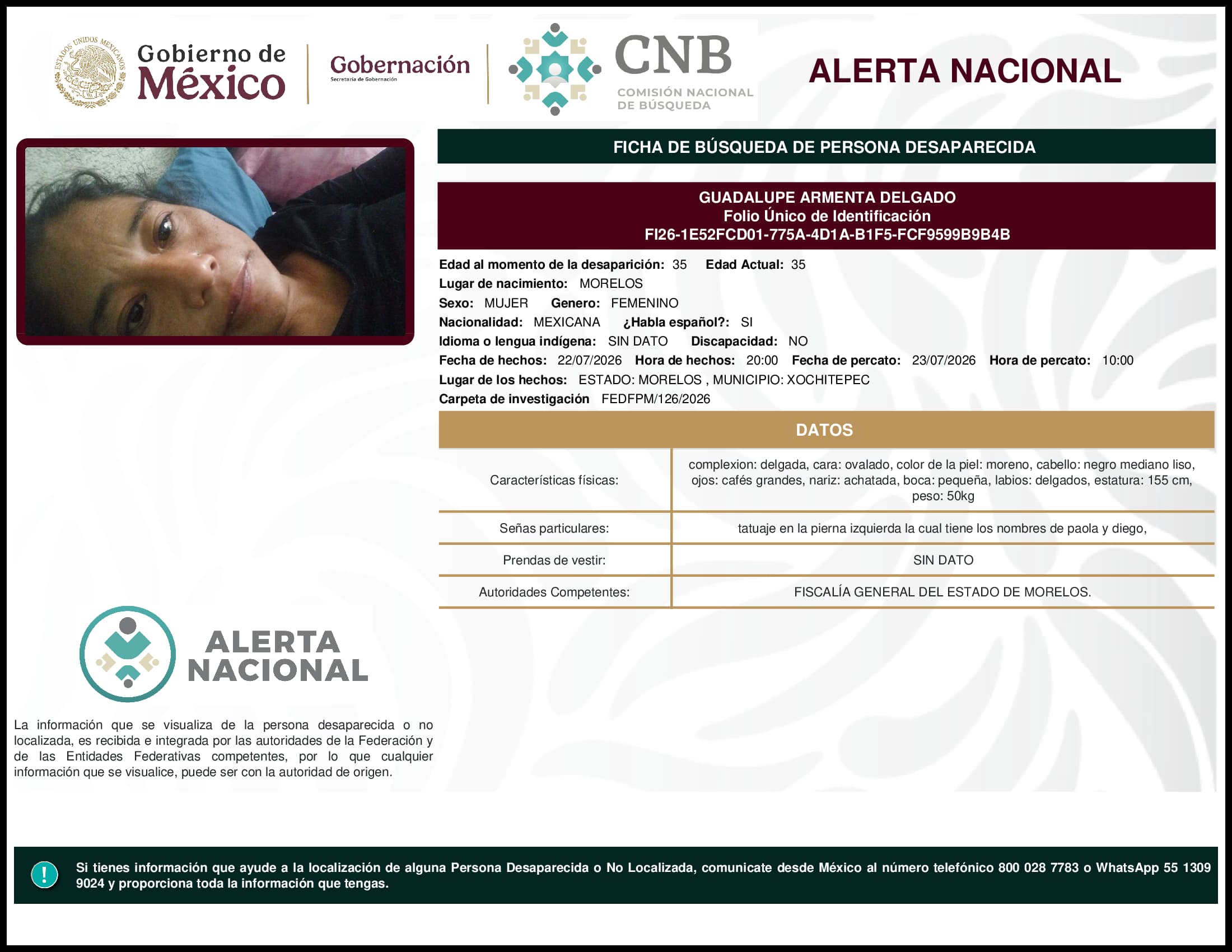 Persona desaparecida Guadalupe Armenta Delgado