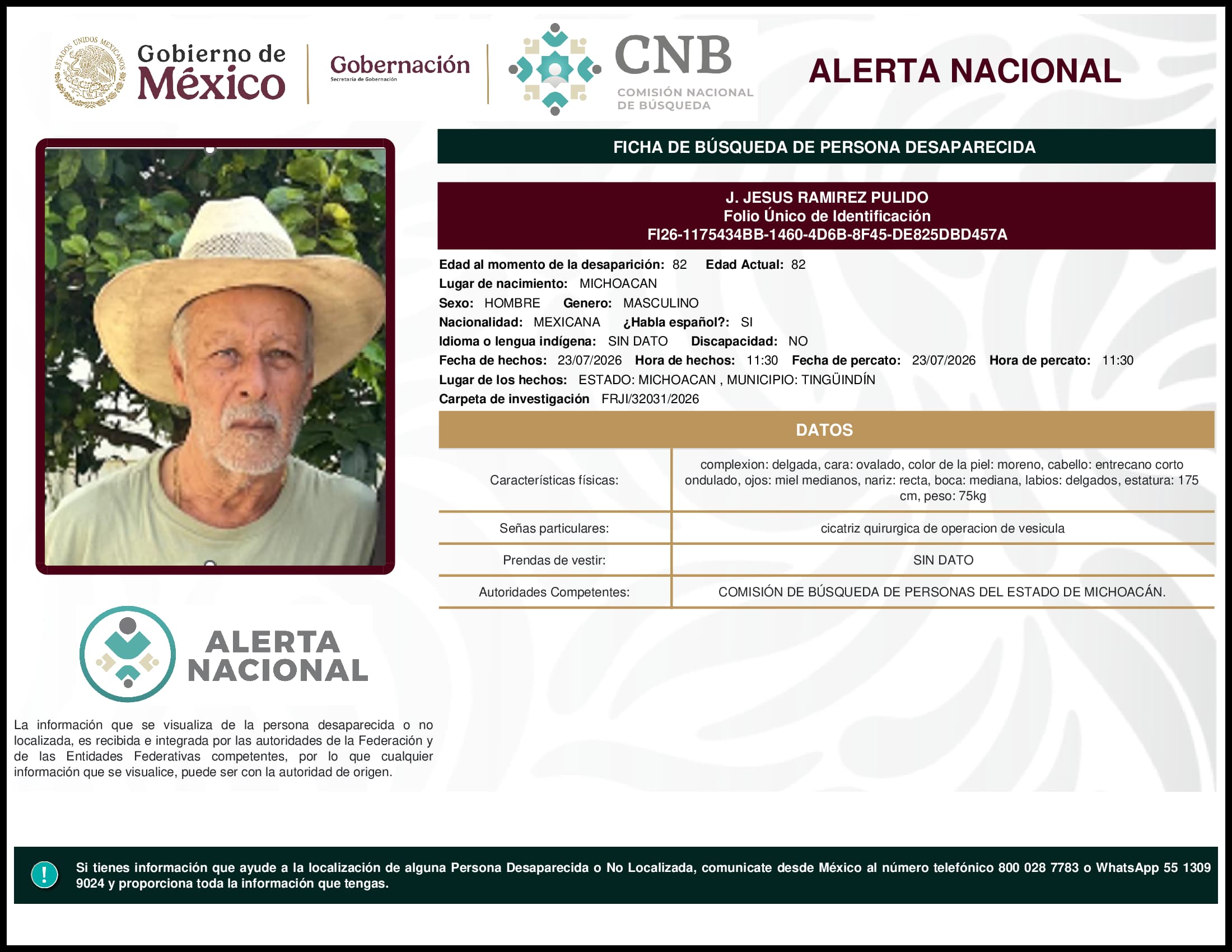 Persona desaparecida J. Jesus Ramirez Pulido