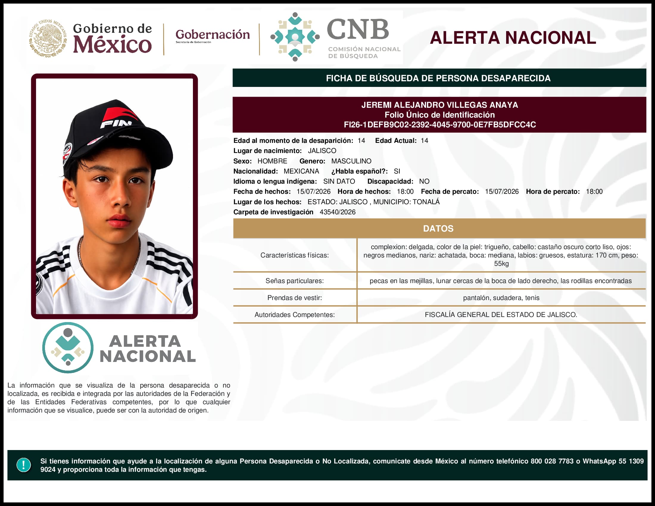 Persona desaparecida Jeremi Alejandro Villegas Anaya