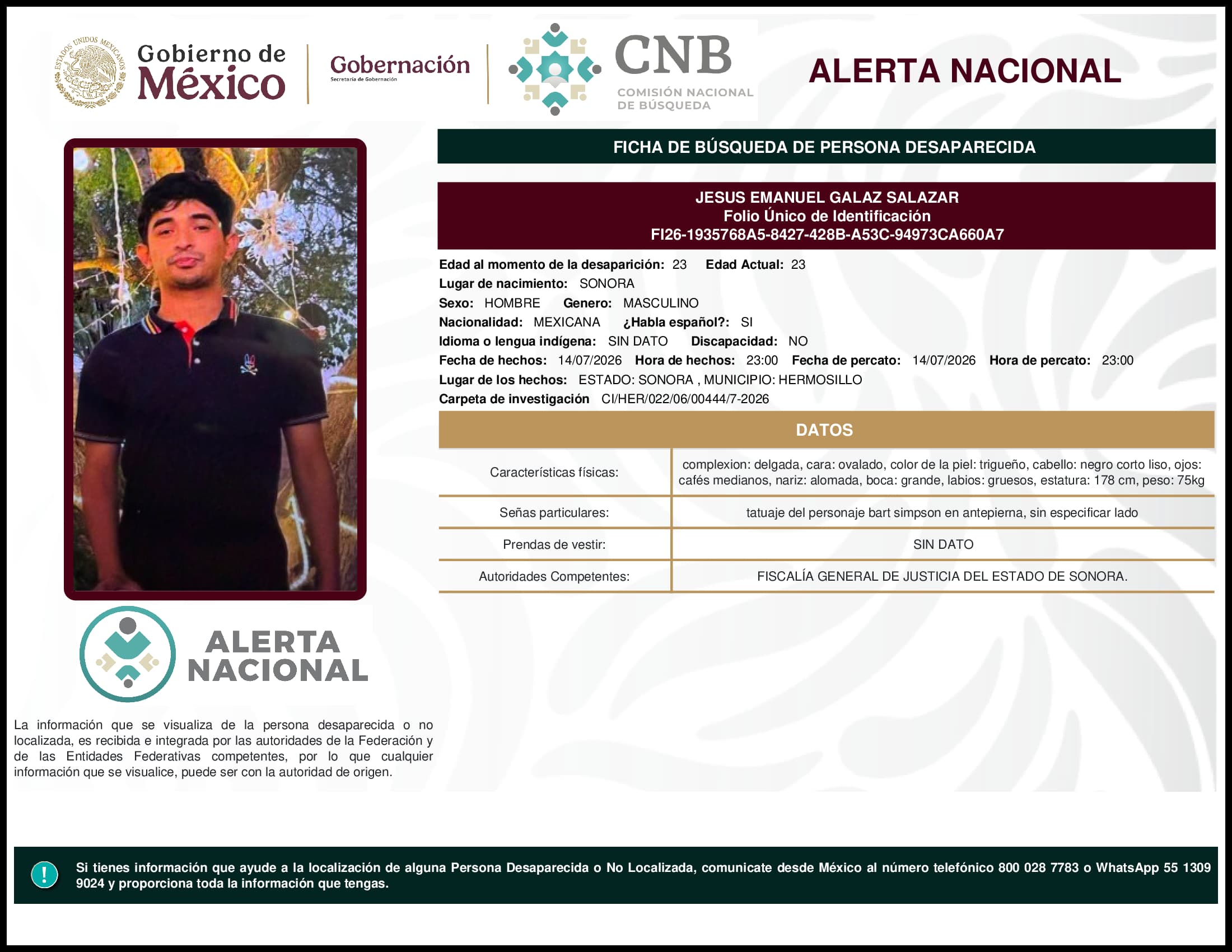 Persona desaparecida Jesus Emanuel Galaz Salazar