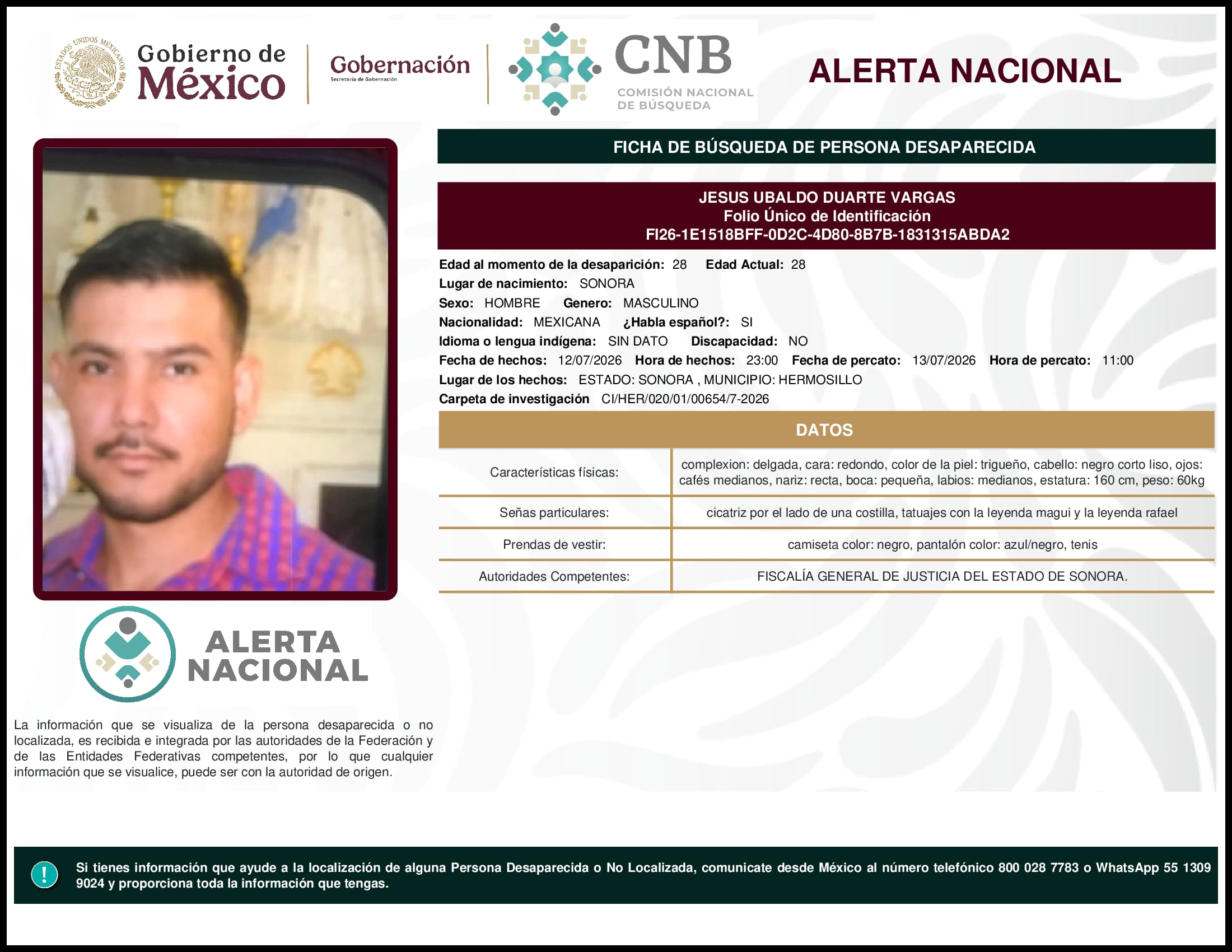 Persona desaparecida Jesus Ubaldo Duarte Vargas