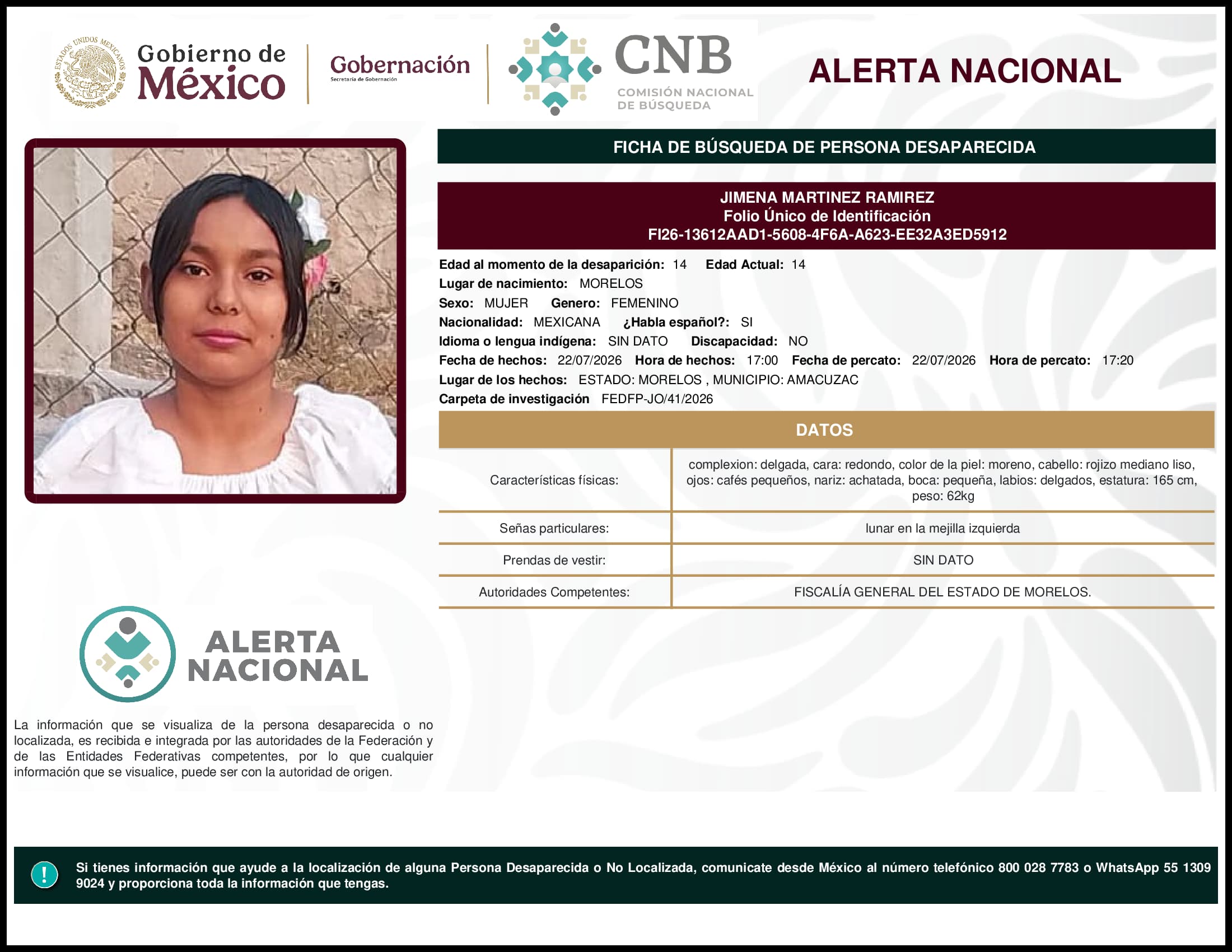 Persona desaparecida Jimena Martinez Ramirez