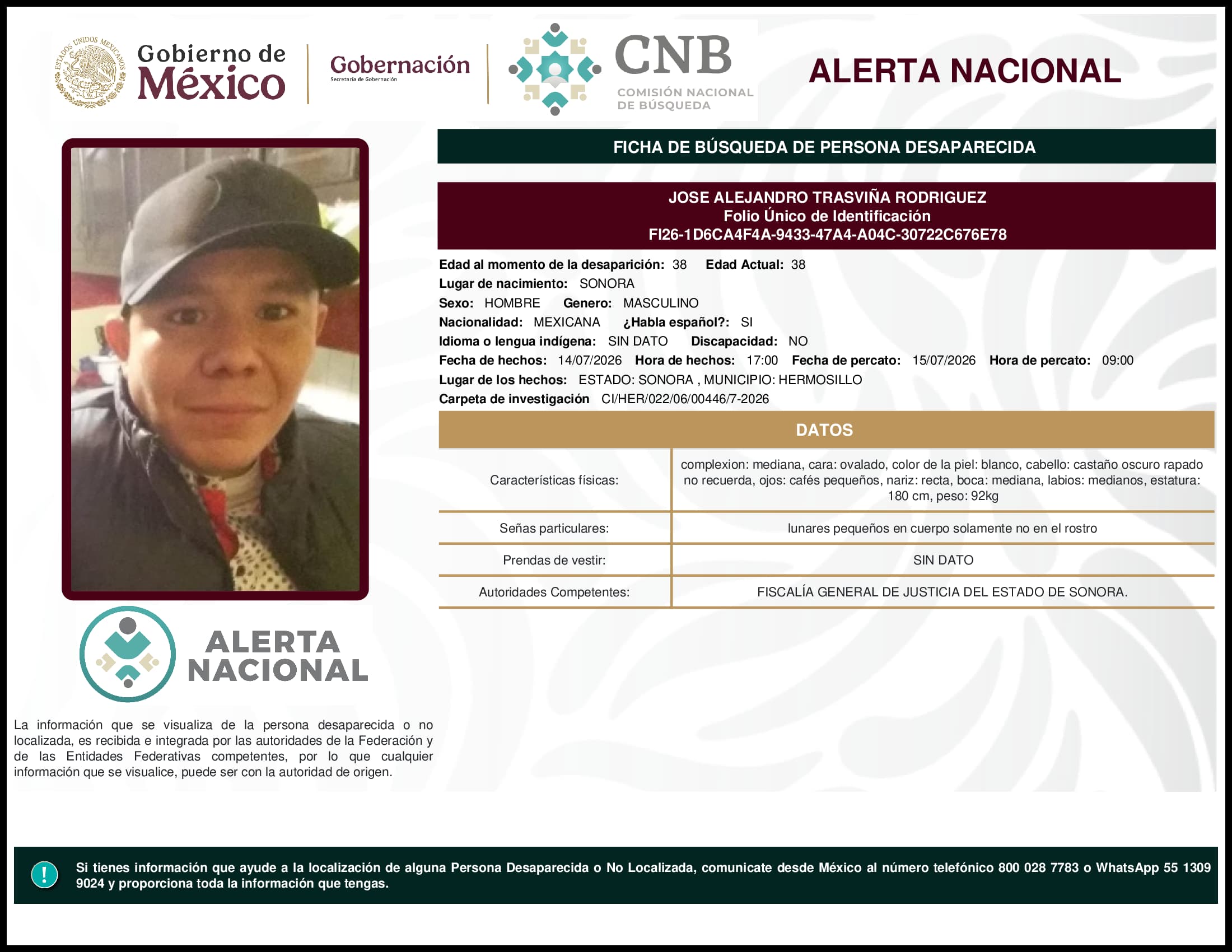 Persona desaparecida Jose Alejandro Trasvina Rodriguez