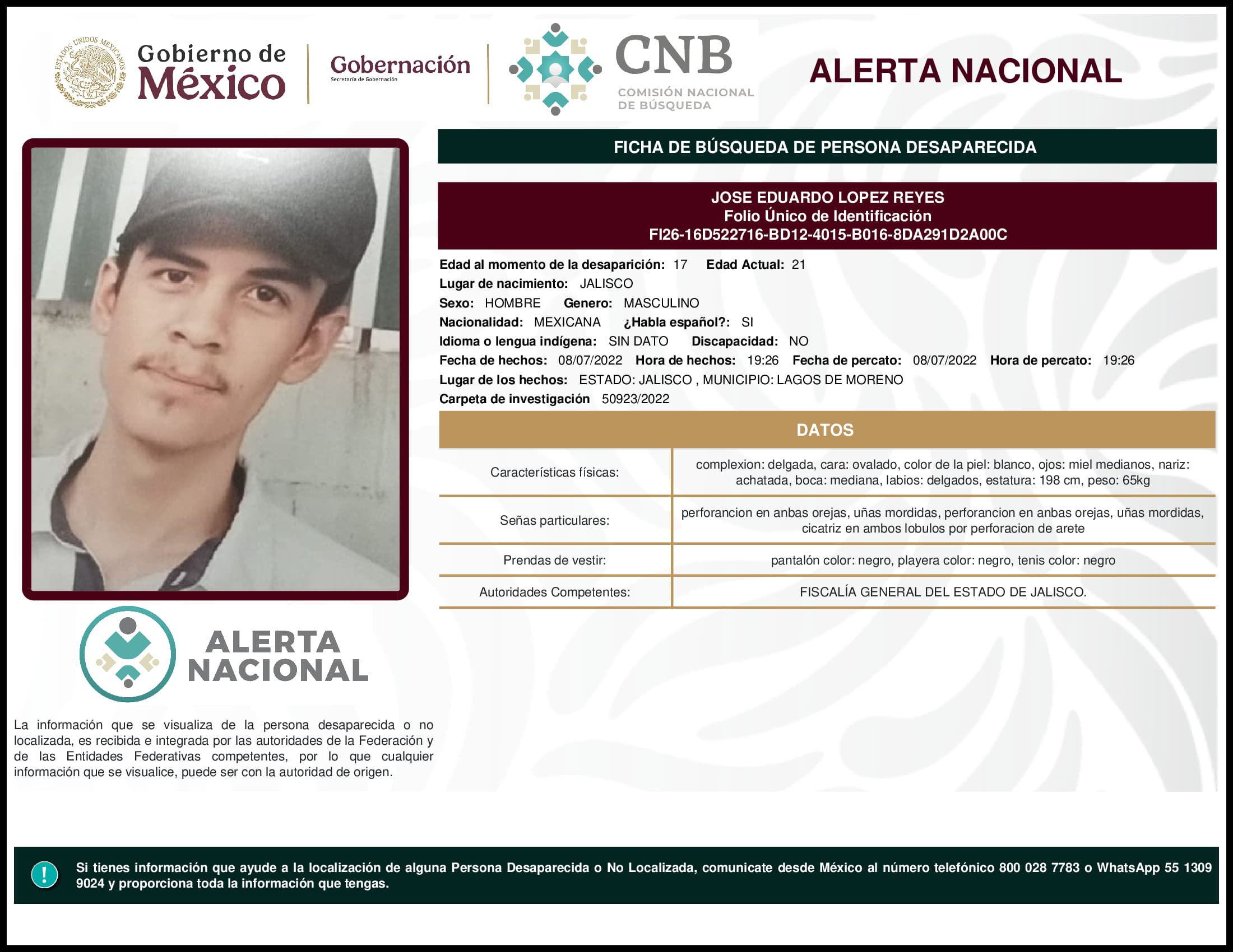Persona desaparecida Jose Eduardo Lopez Reyes
