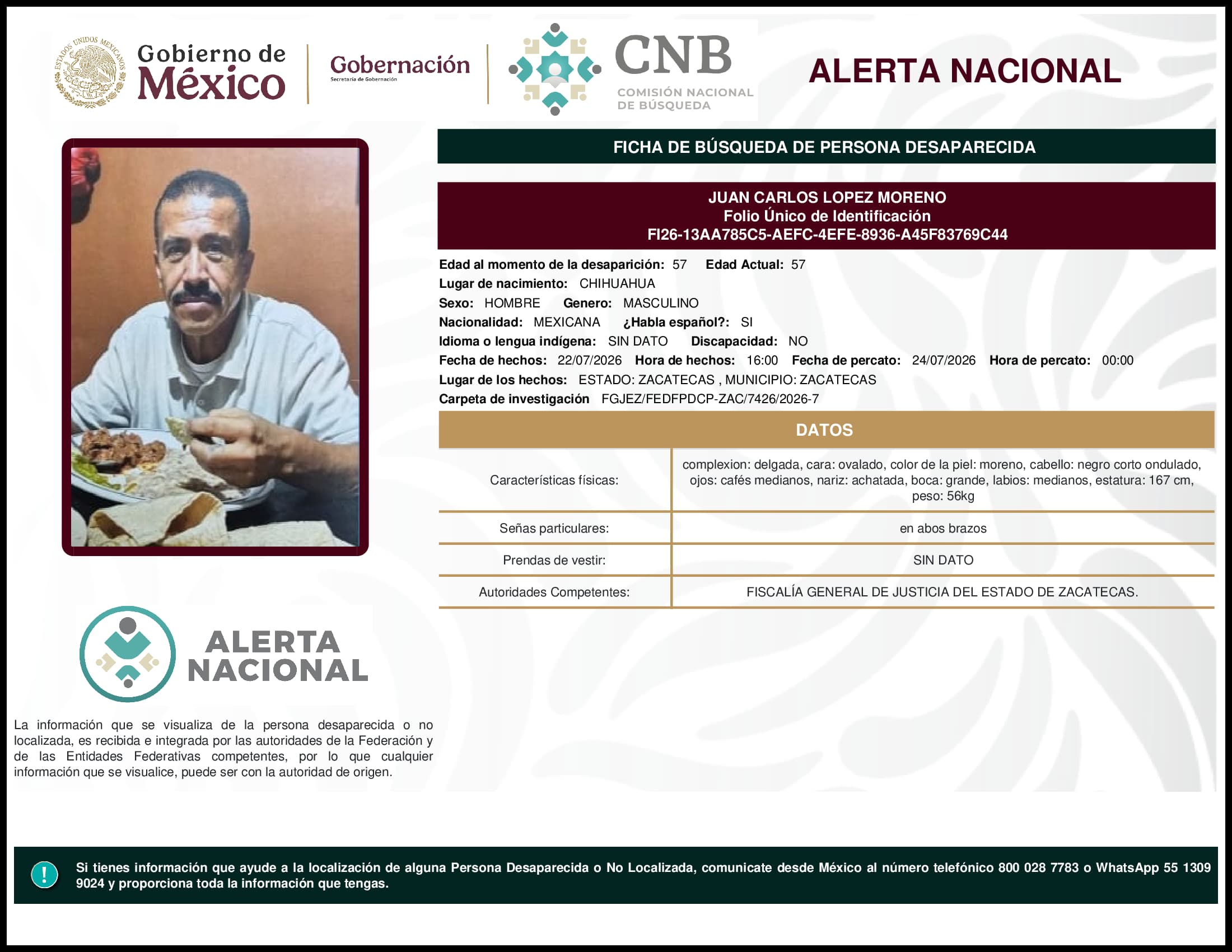 Persona desaparecida Juan Carlos Lopez Moreno