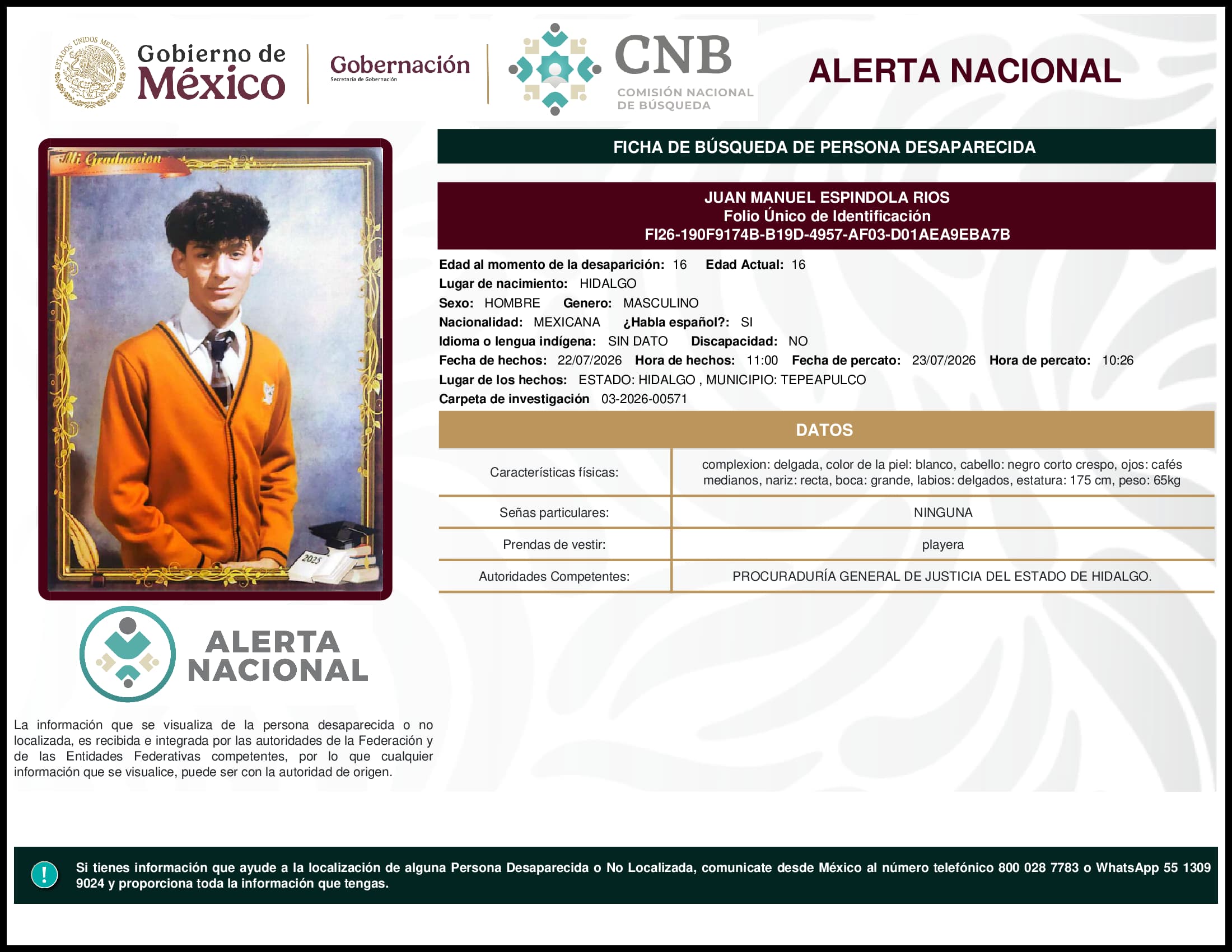 Persona desaparecida Juan Manuel Espindola Rios