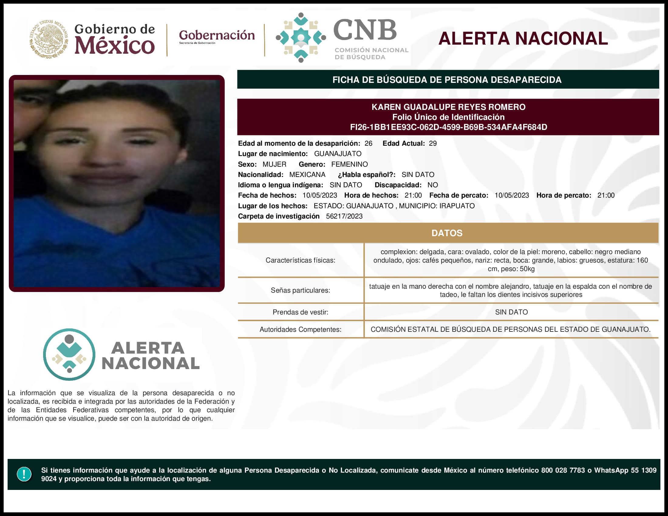 Persona desaparecida Karen Guadalupe Reyes Romero