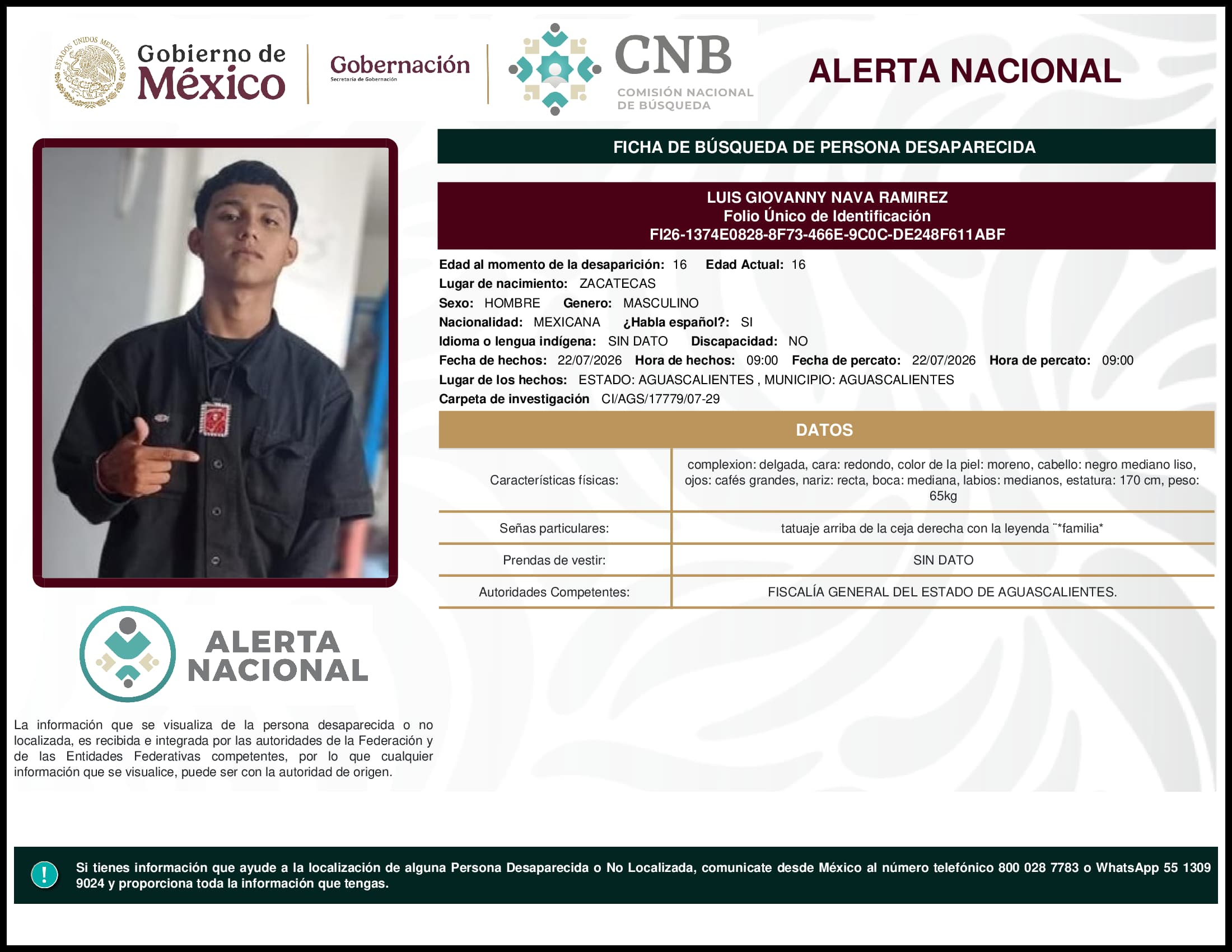 Persona desaparecida Luis Giovanny Nava Ramirez