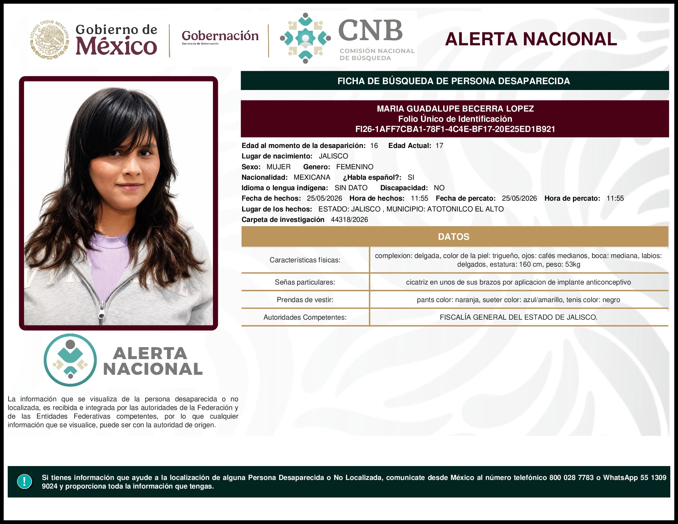 Persona desaparecida Maria Guadalupe Becerra Lopez