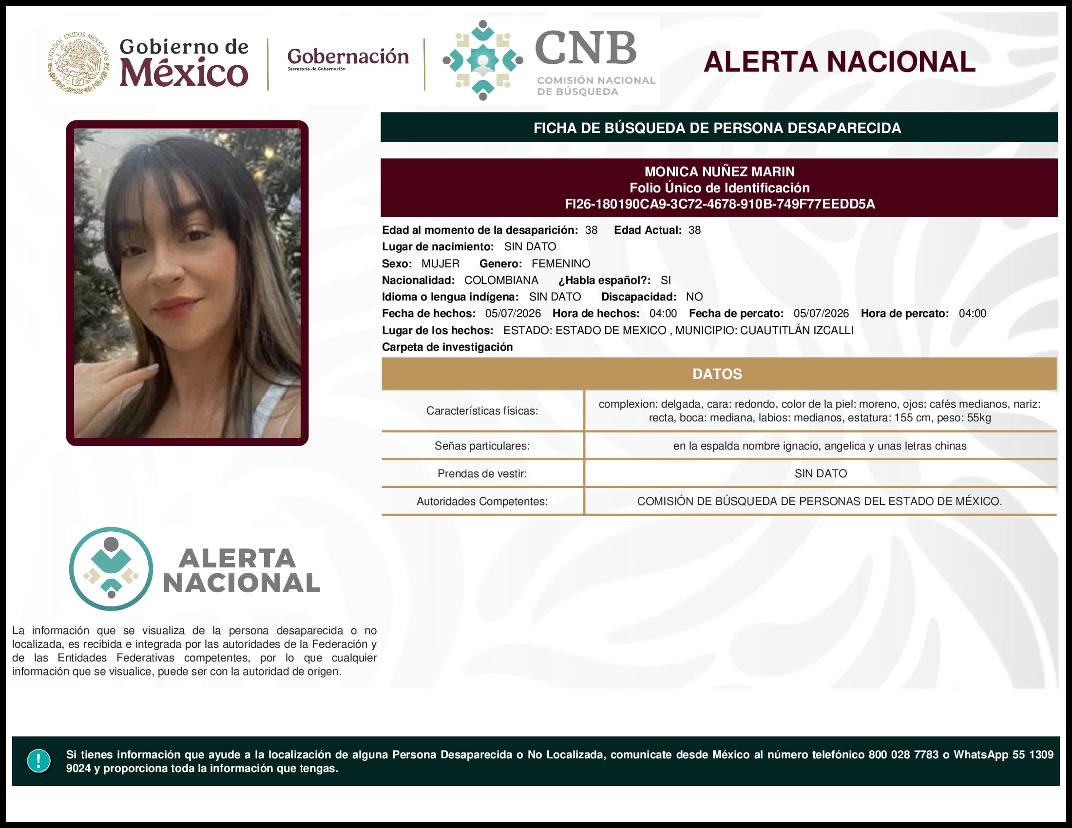 Persona desaparecida Monica Nunez Marin