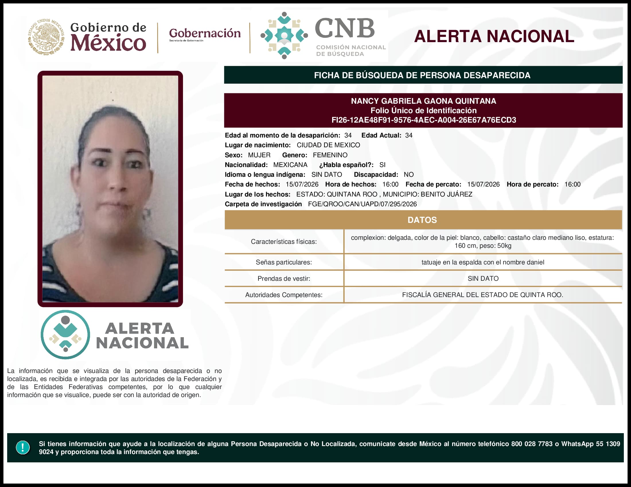 Persona desaparecida Nancy Gabriela Gaona Quintana