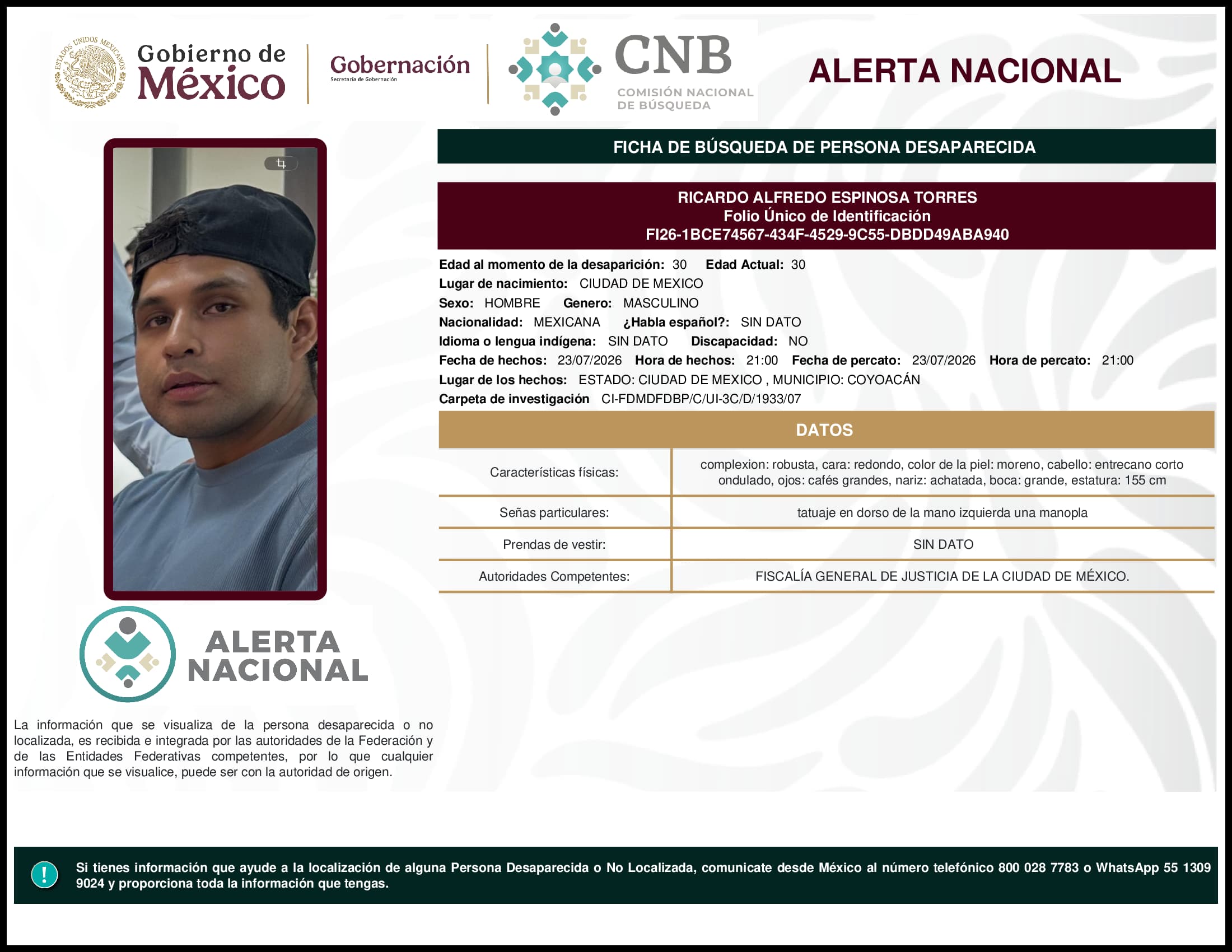 Persona desaparecida Ricardo Alfredo Espinosa Torres