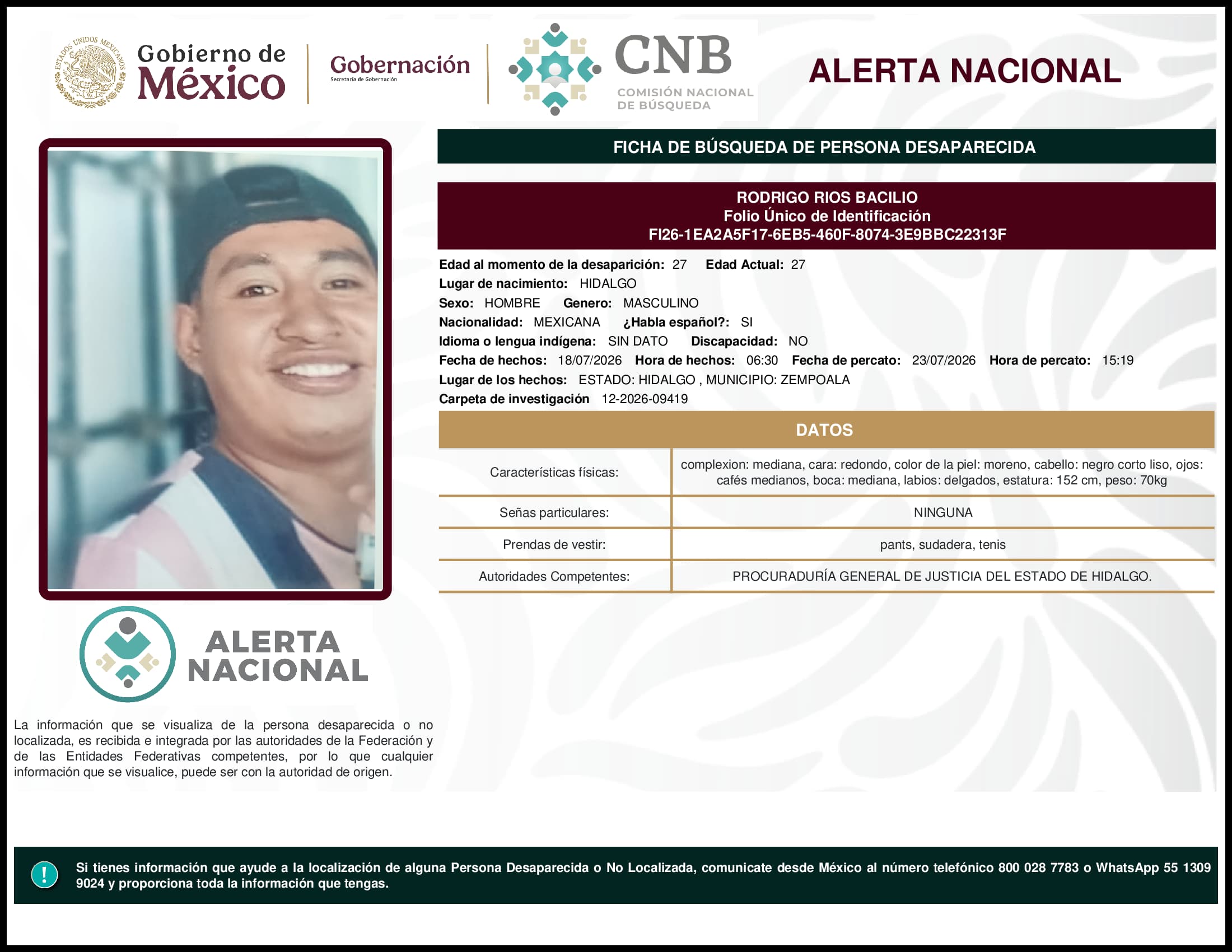 Persona desaparecida Rodrigo Rios Bacilio