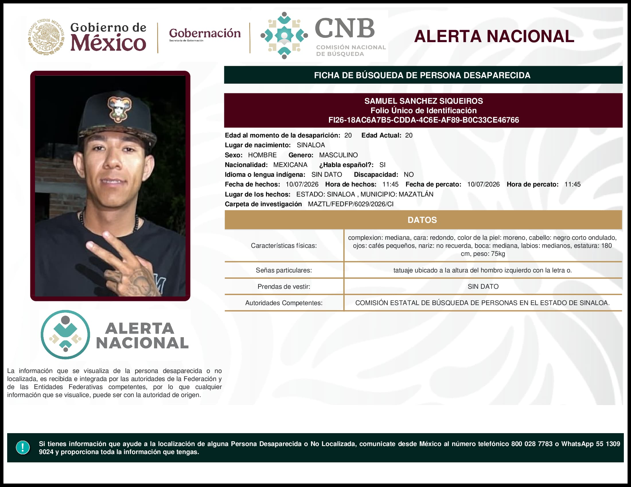 Persona desaparecida Samuel Sanchez Siqueiros
