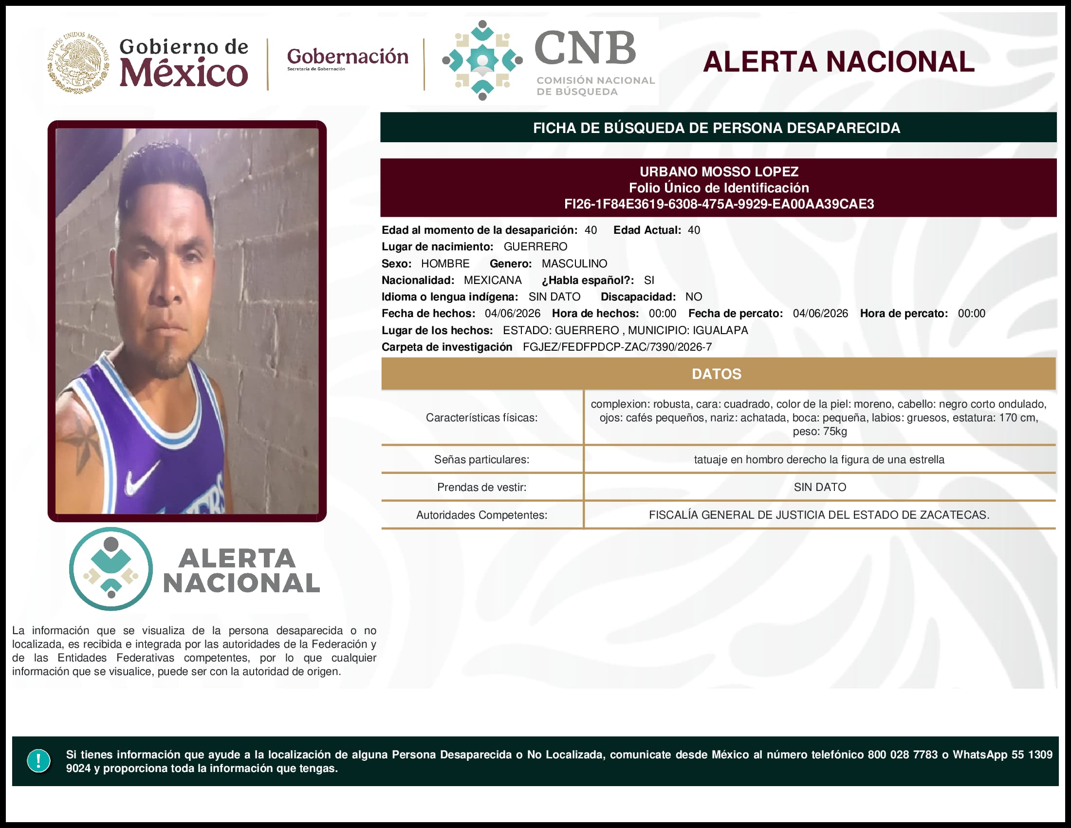 Persona desaparecida Urbano Mosso Lopez