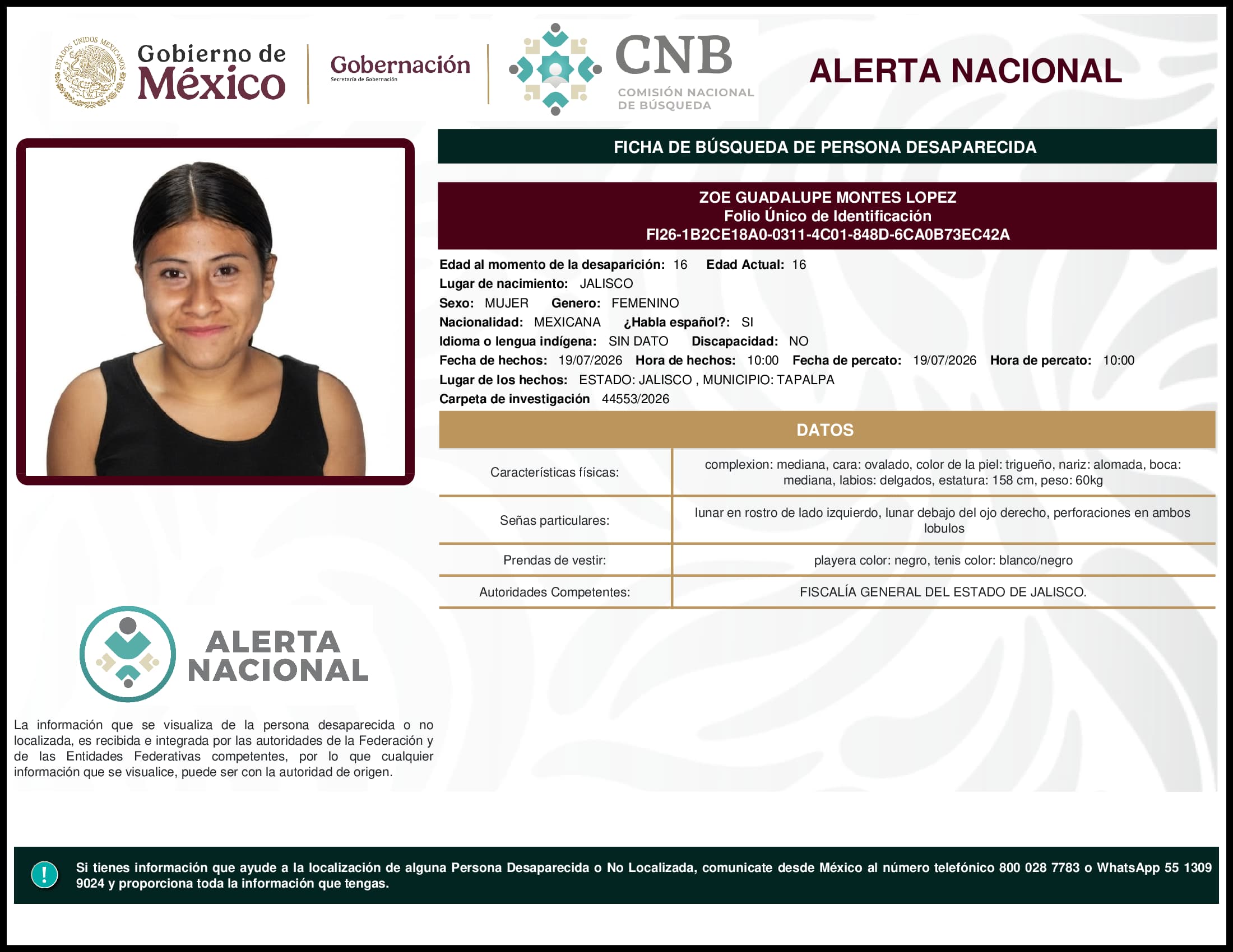 Persona desaparecida Zoe Guadalupe Montes Lopez