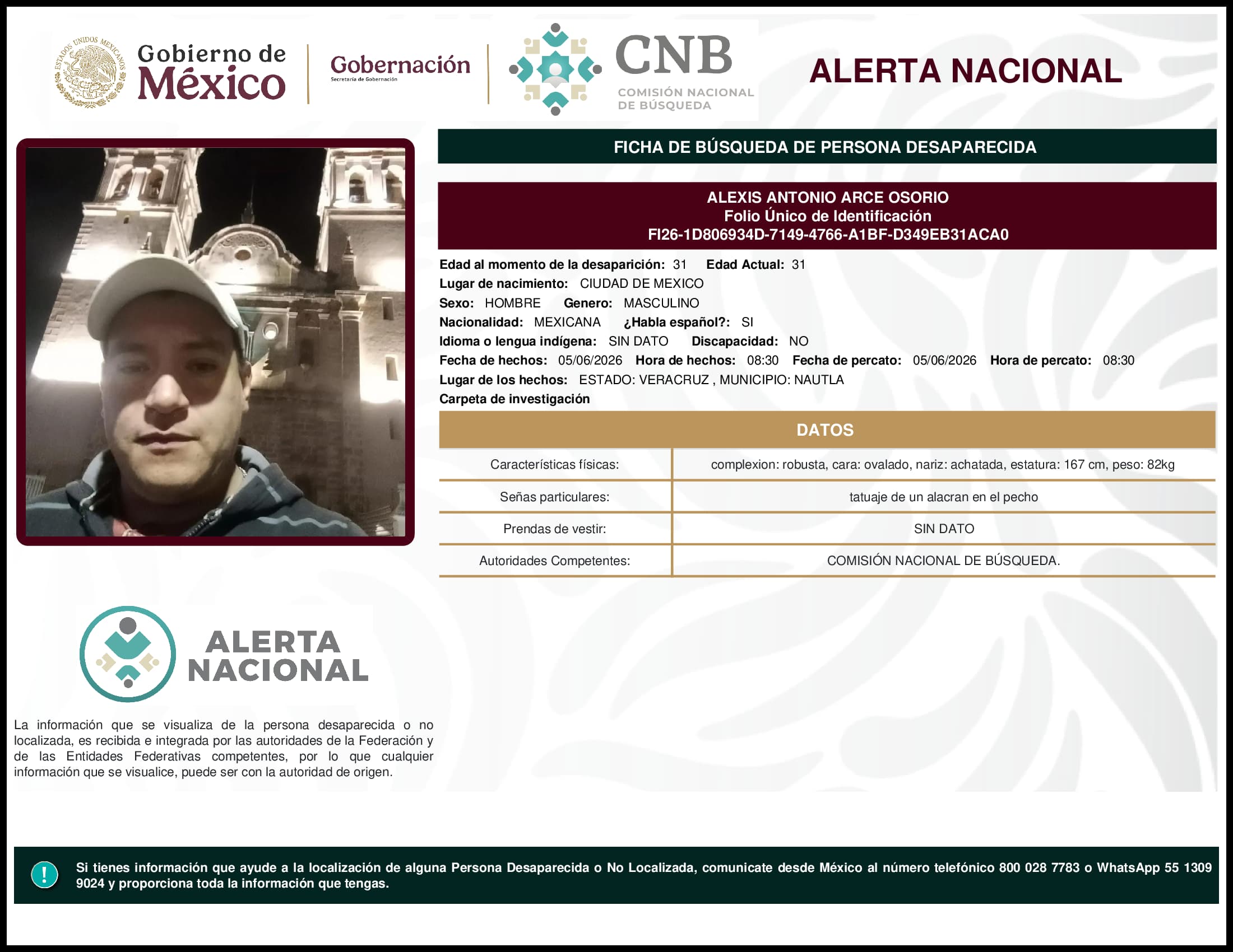 Persona desaparecida Alexis Antonio Arce Osorio