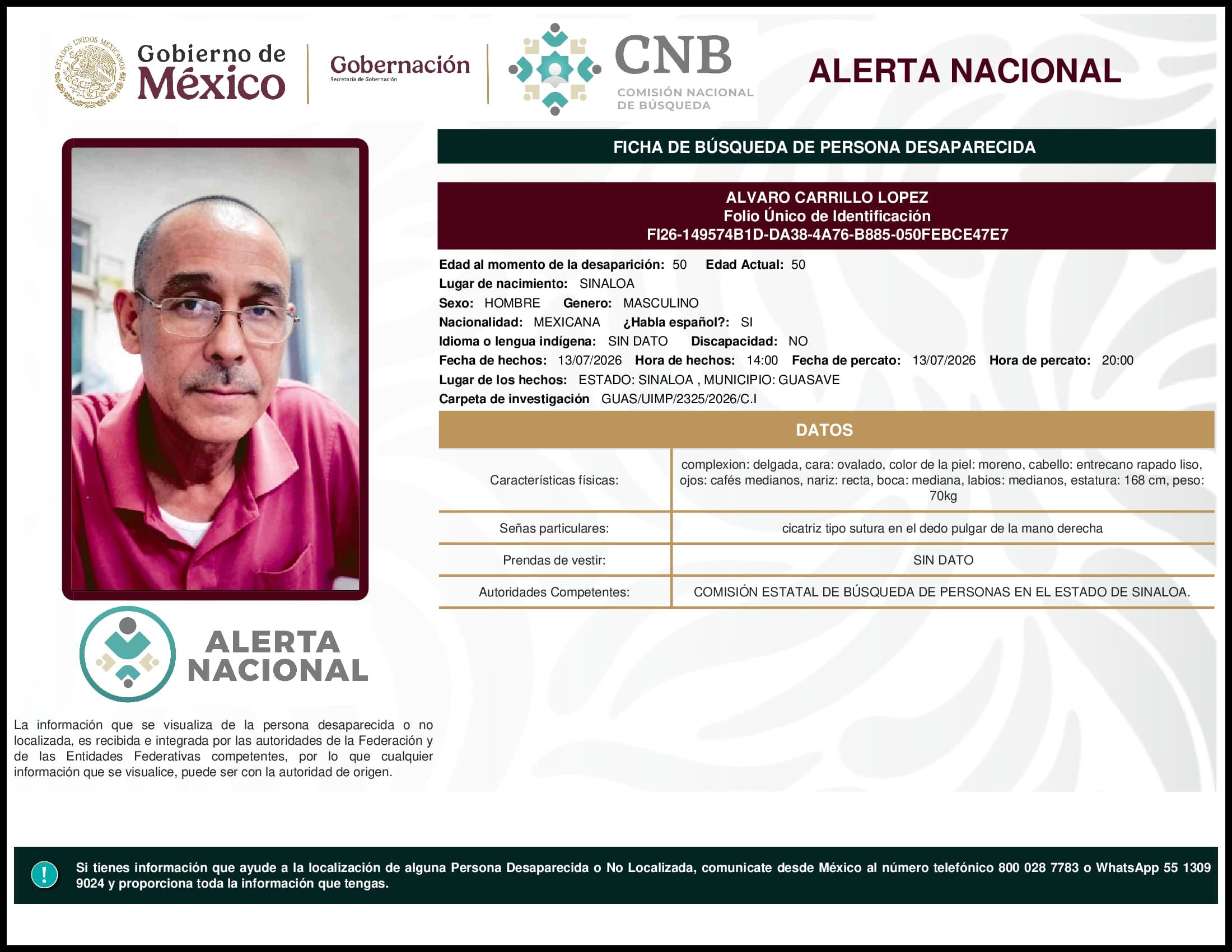Persona desaparecida Alvaro Carrillo Lopez