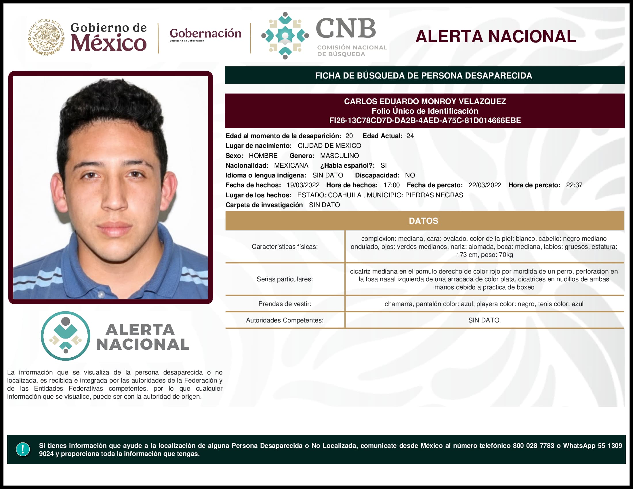 Persona desaparecida Carlos Eduardo Monroy Velazquez