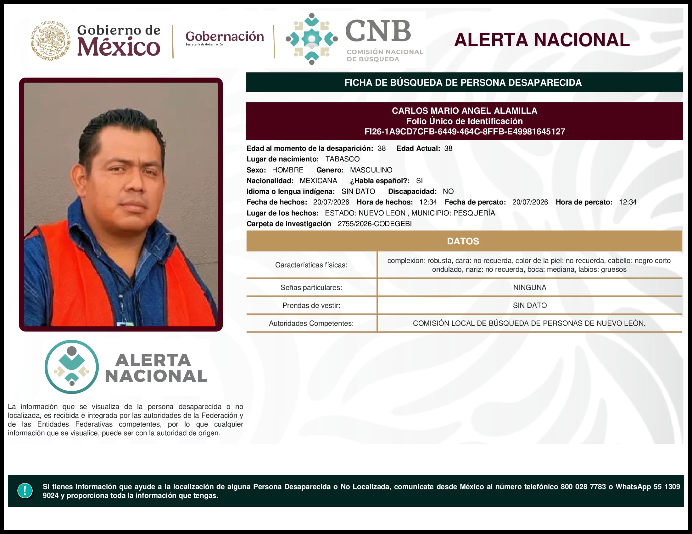 Persona desaparecida Carlos Mario Angel Alamilla
