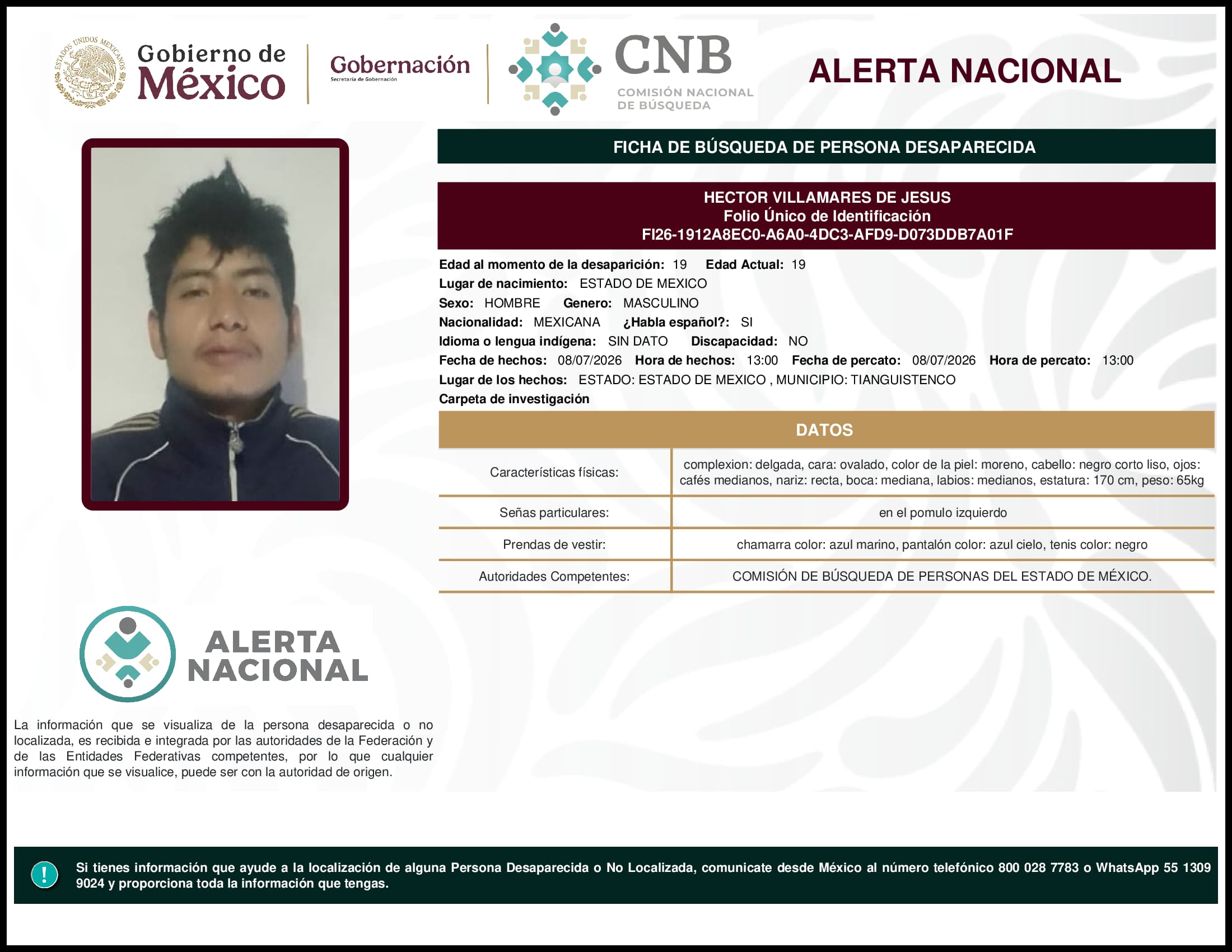 Persona desaparecida Hector Villamares De Jesus