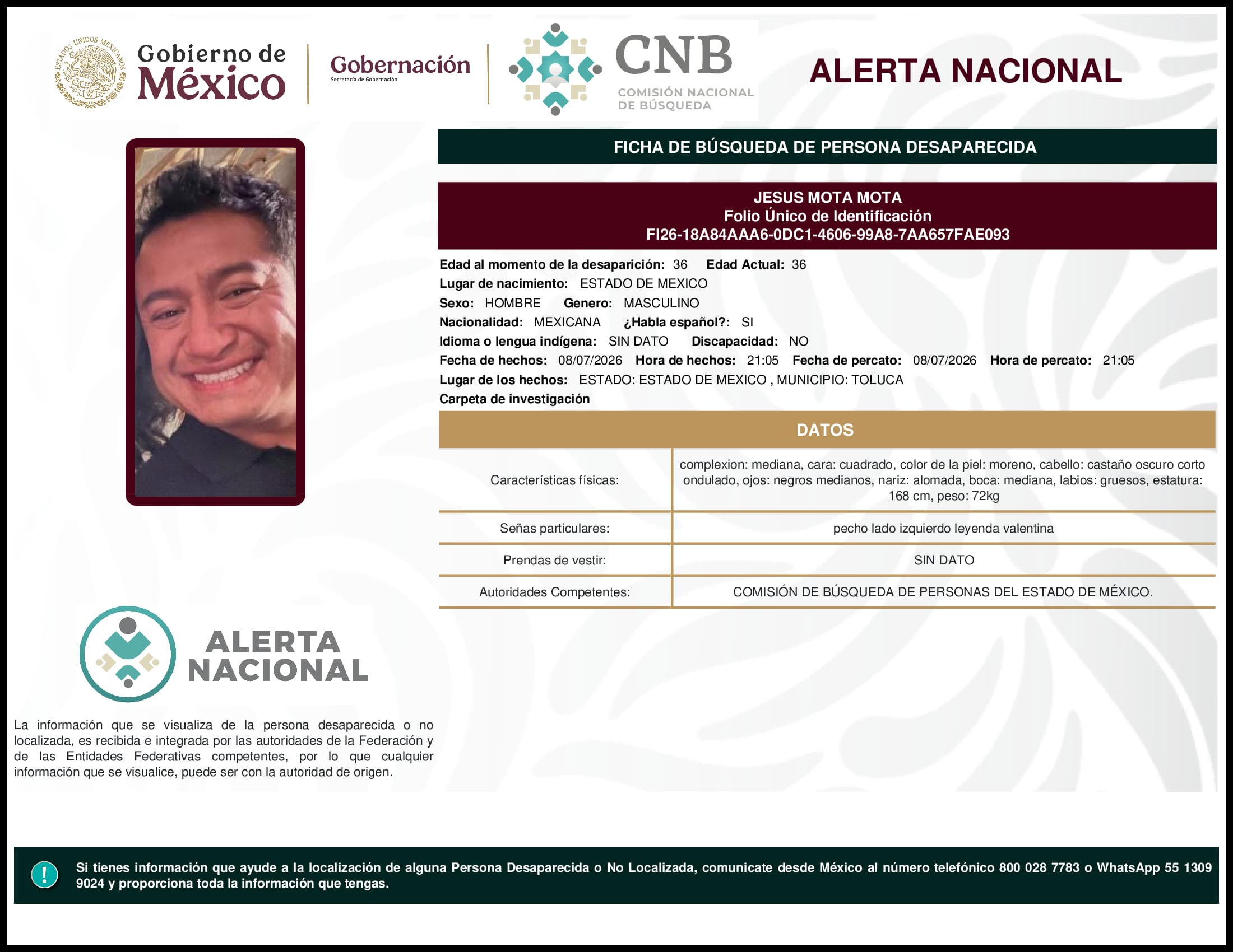 Persona desaparecida Jesus Mota Mota