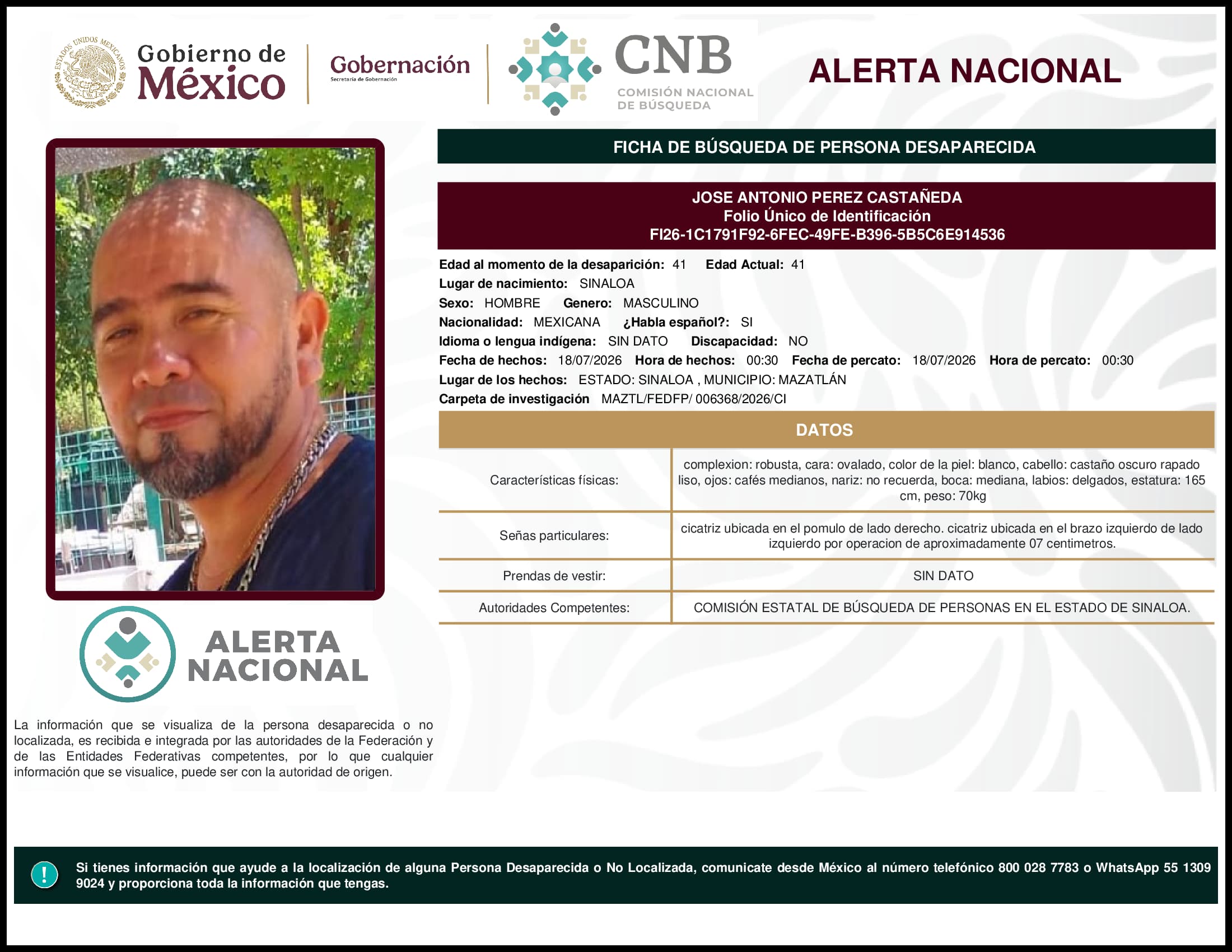 Persona desaparecida Jose Antonio Perez Castaneda