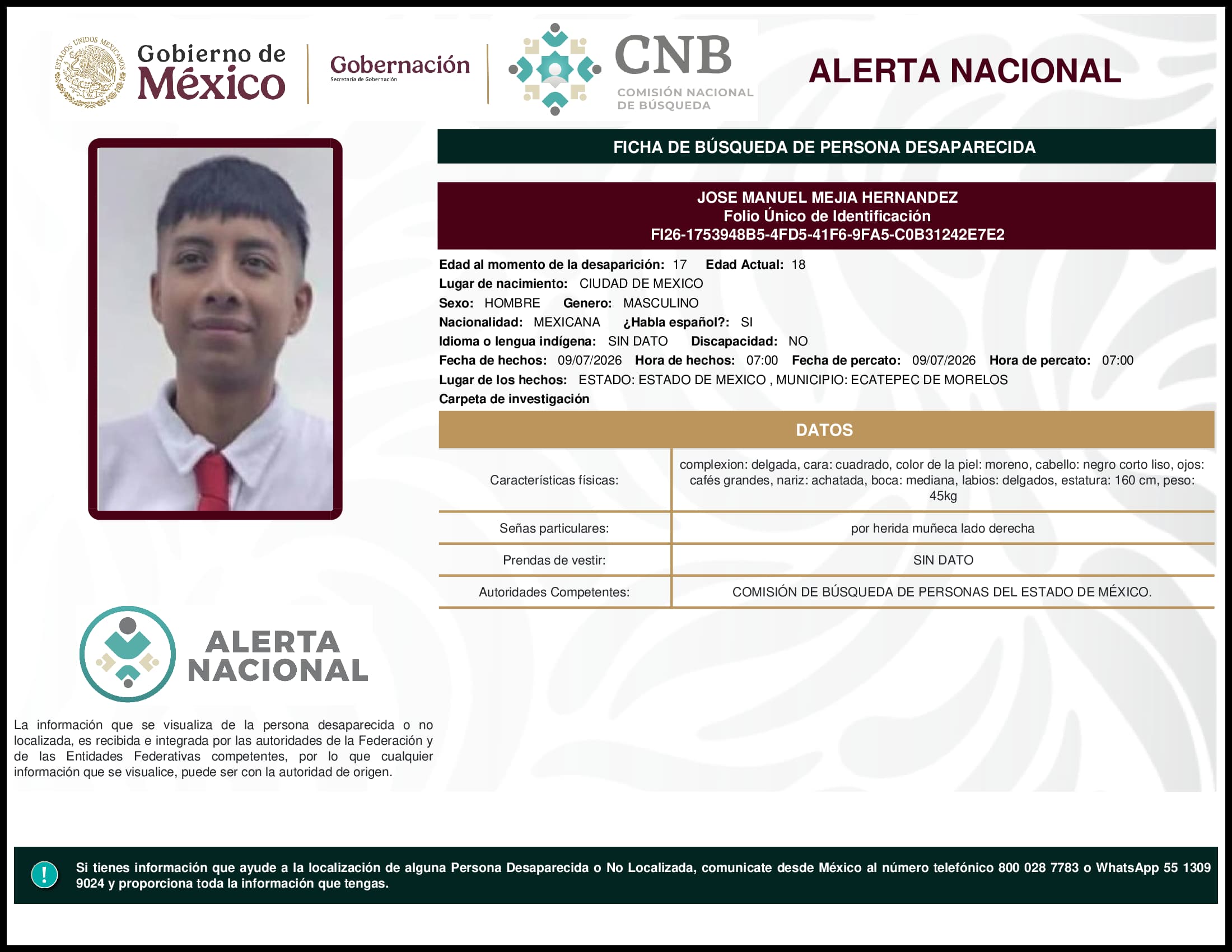 Persona desaparecida Jose Manuel Mejia Hernandez