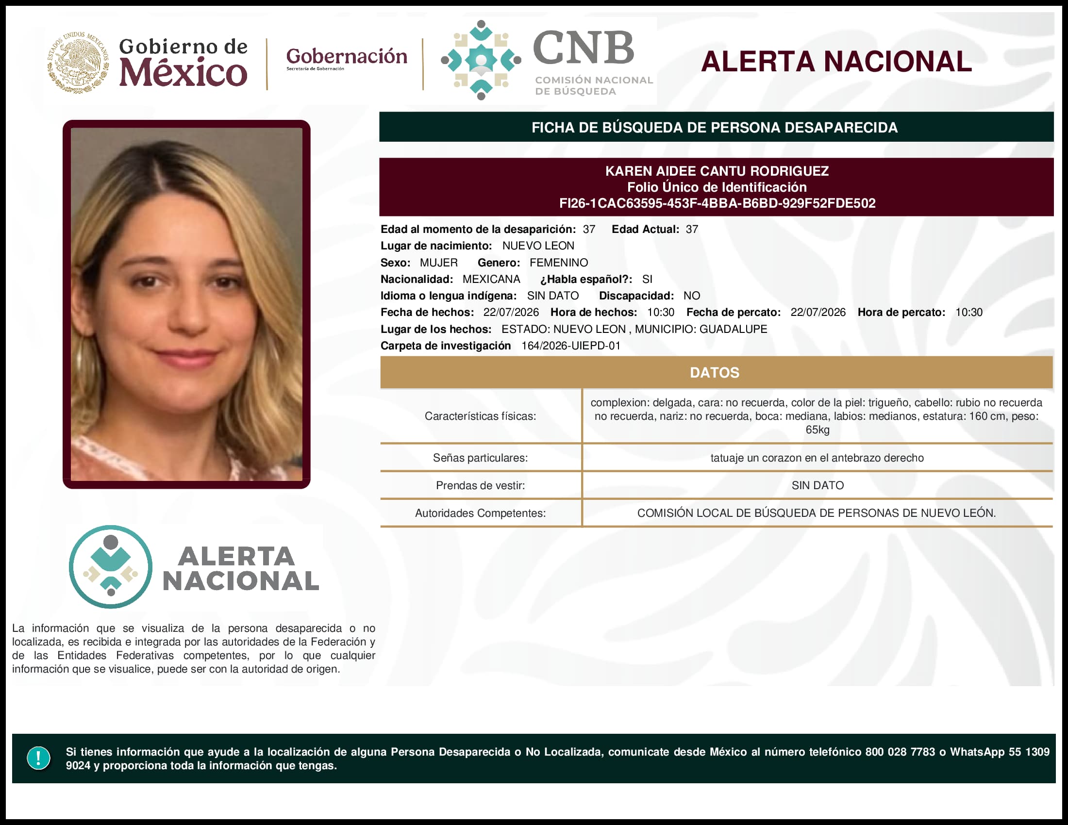 Persona desaparecida Karen Aidee Cantu Rodriguez