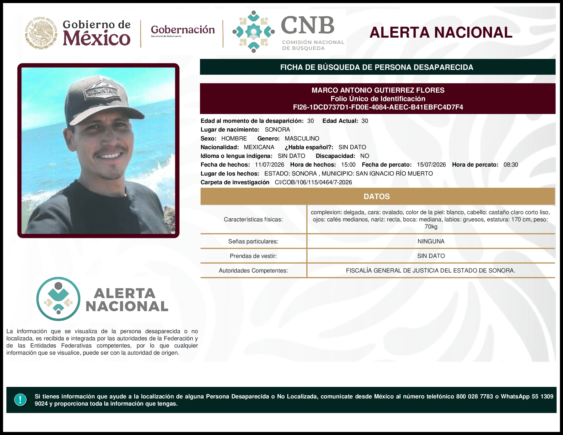 Persona desaparecida Marco Antonio Gutierrez Flores