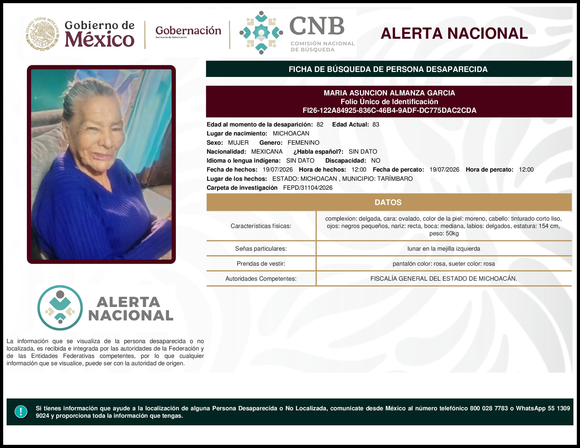 Persona desaparecida Maria Asuncion Almanza Garcia