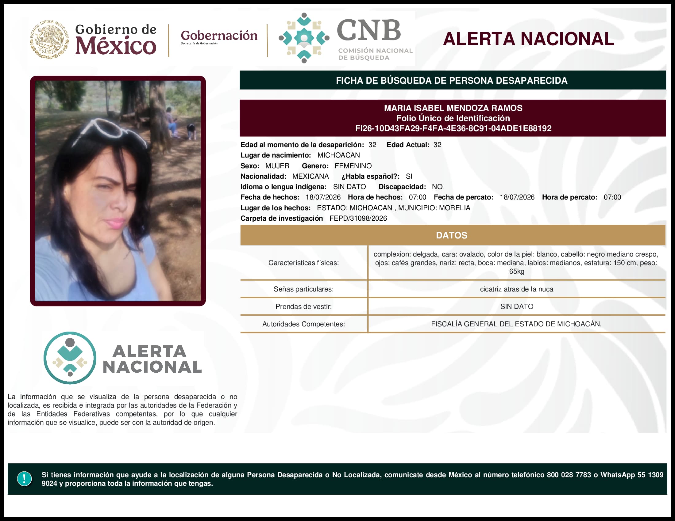 Persona desaparecida Maria Isabel Mendoza Ramos