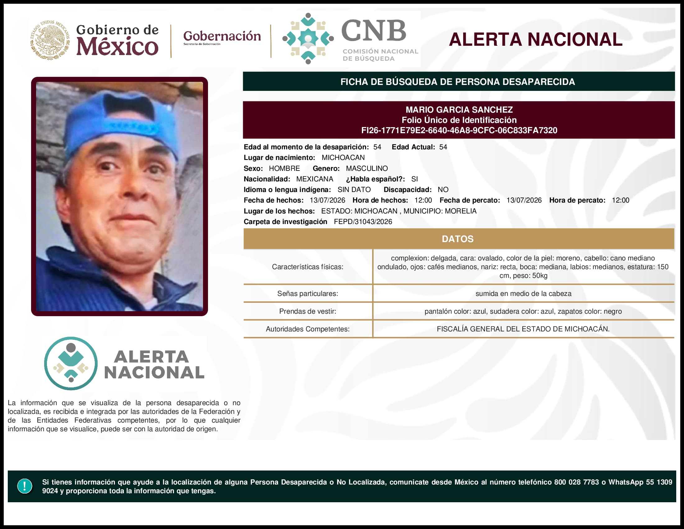Persona desaparecida Mario Garcia Sanchez