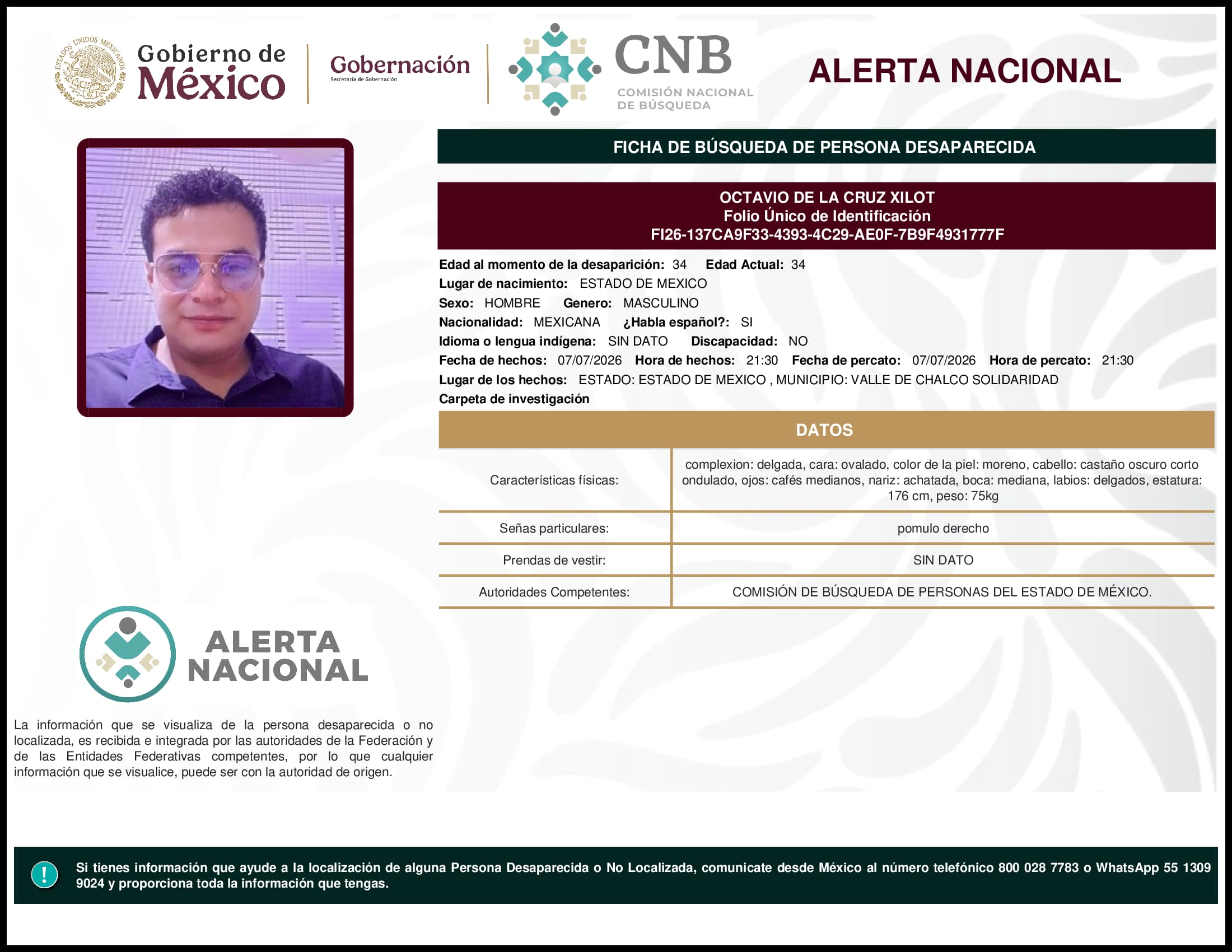 Persona desaparecida Octavio De La Cruz Xilot