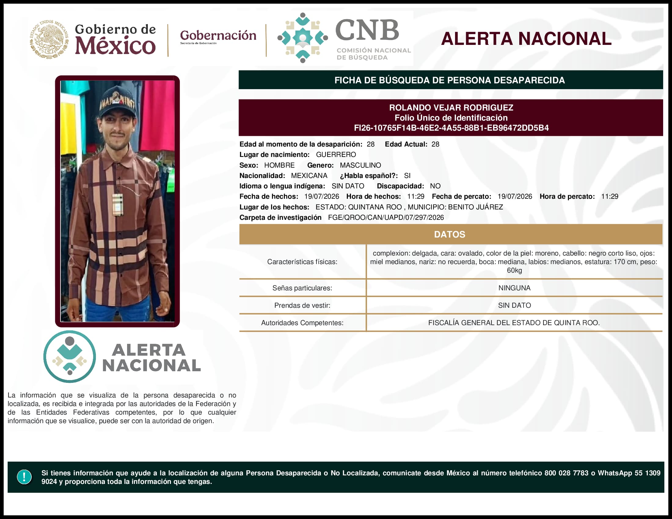 Persona desaparecida Rolando Vejar Rodriguez