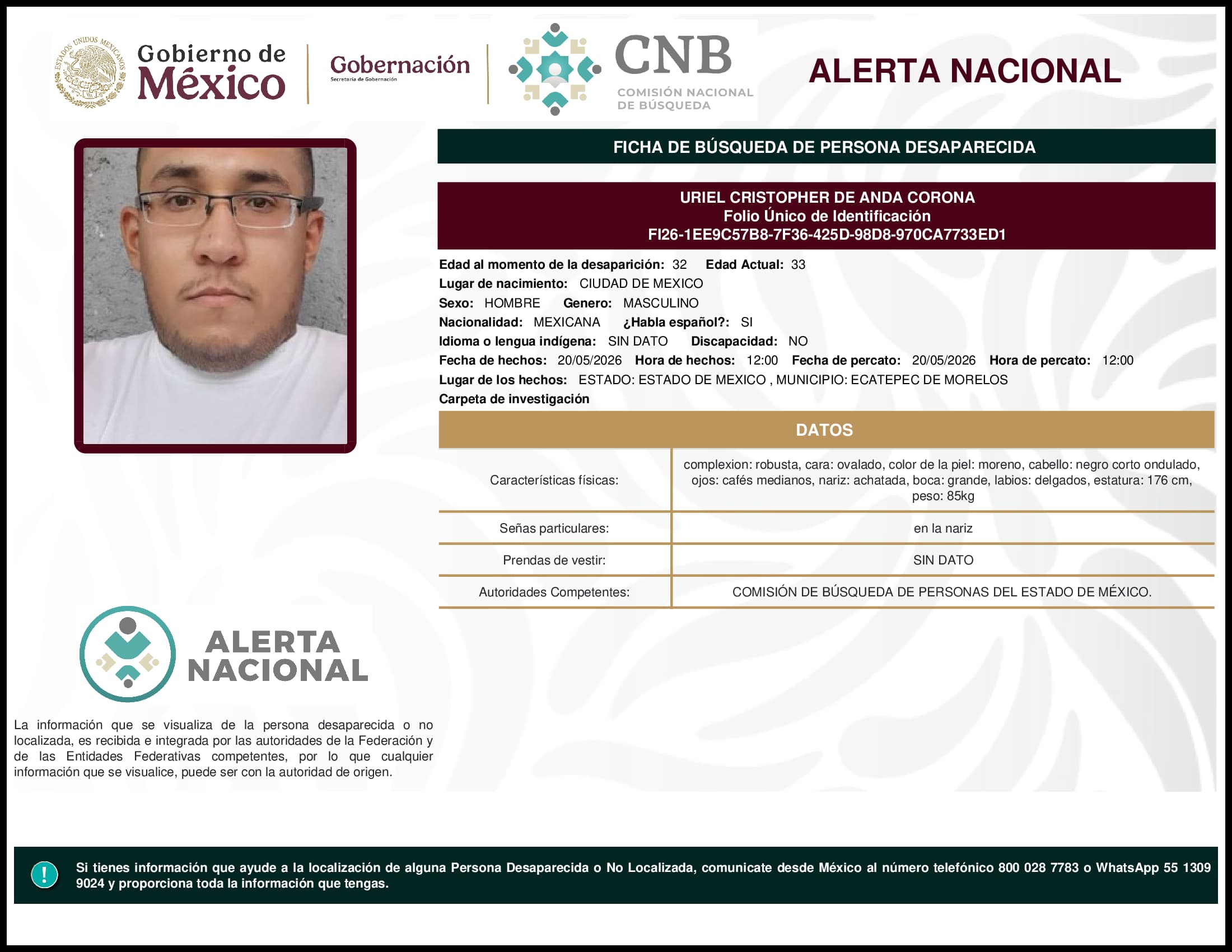 Persona desaparecida Uriel Cristopher De Anda Corona