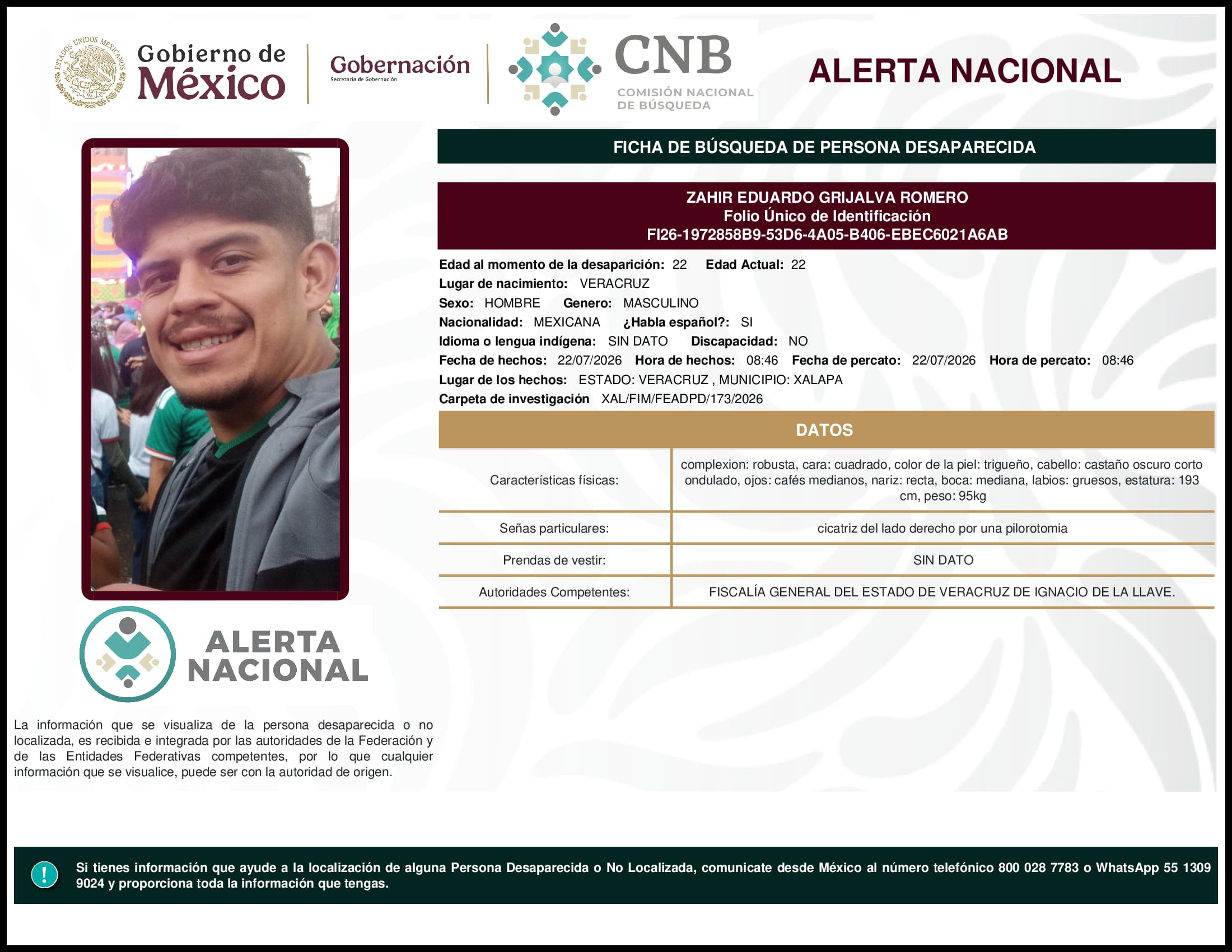 Persona desaparecida Zahir Eduardo Grijalva Romero