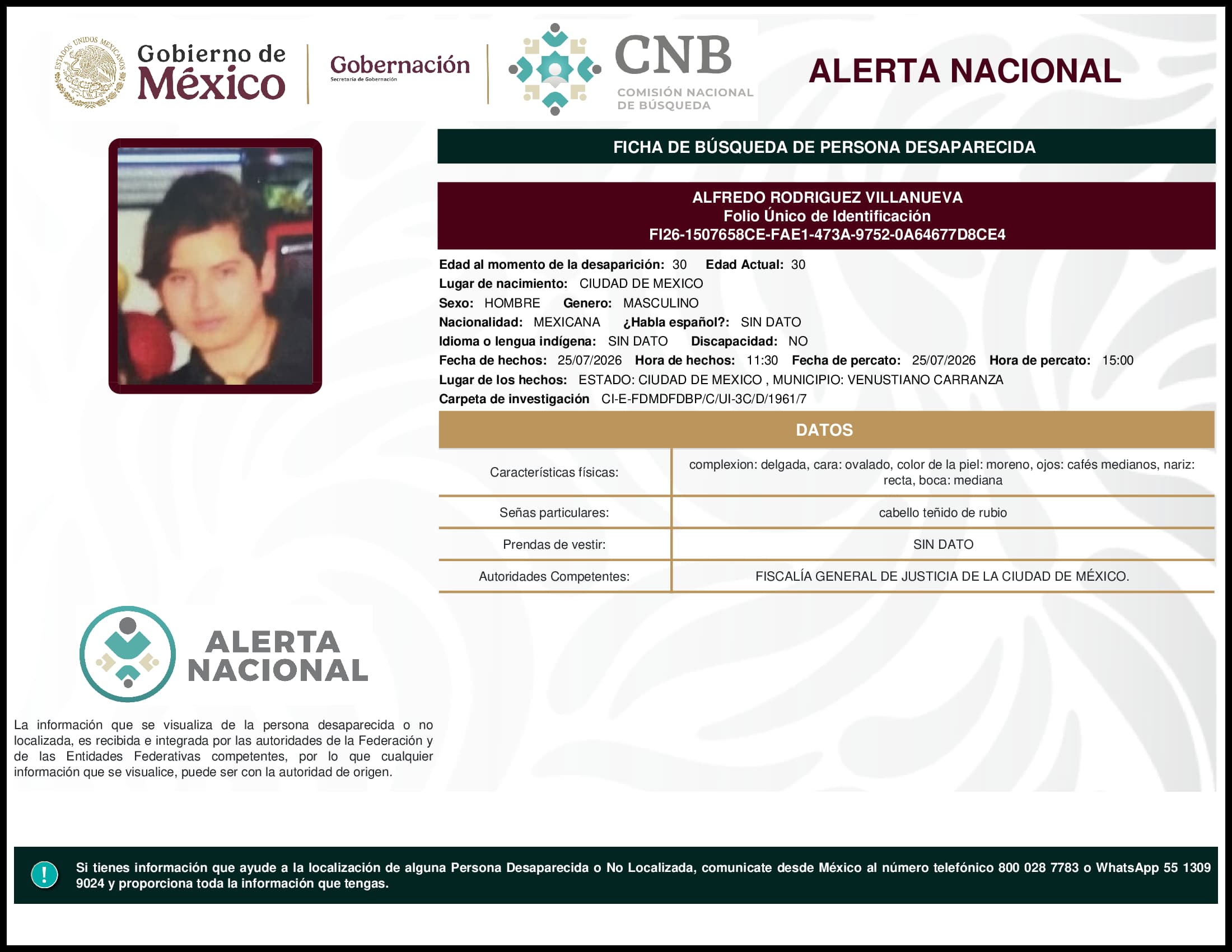 Persona desaparecida Alfredo Rodriguez Villanueva