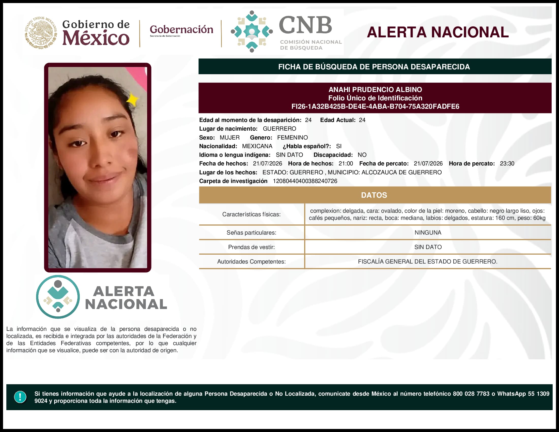 Persona desaparecida Anahi Prudencio Albino