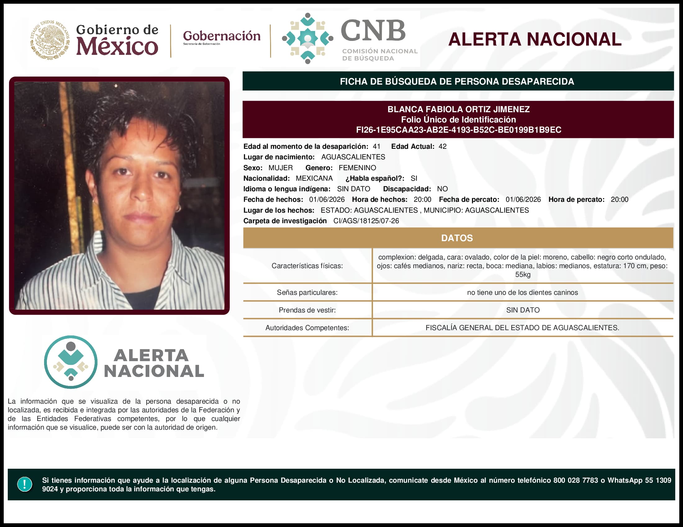 Persona desaparecida Blanca Fabiola Ortiz Jimenez