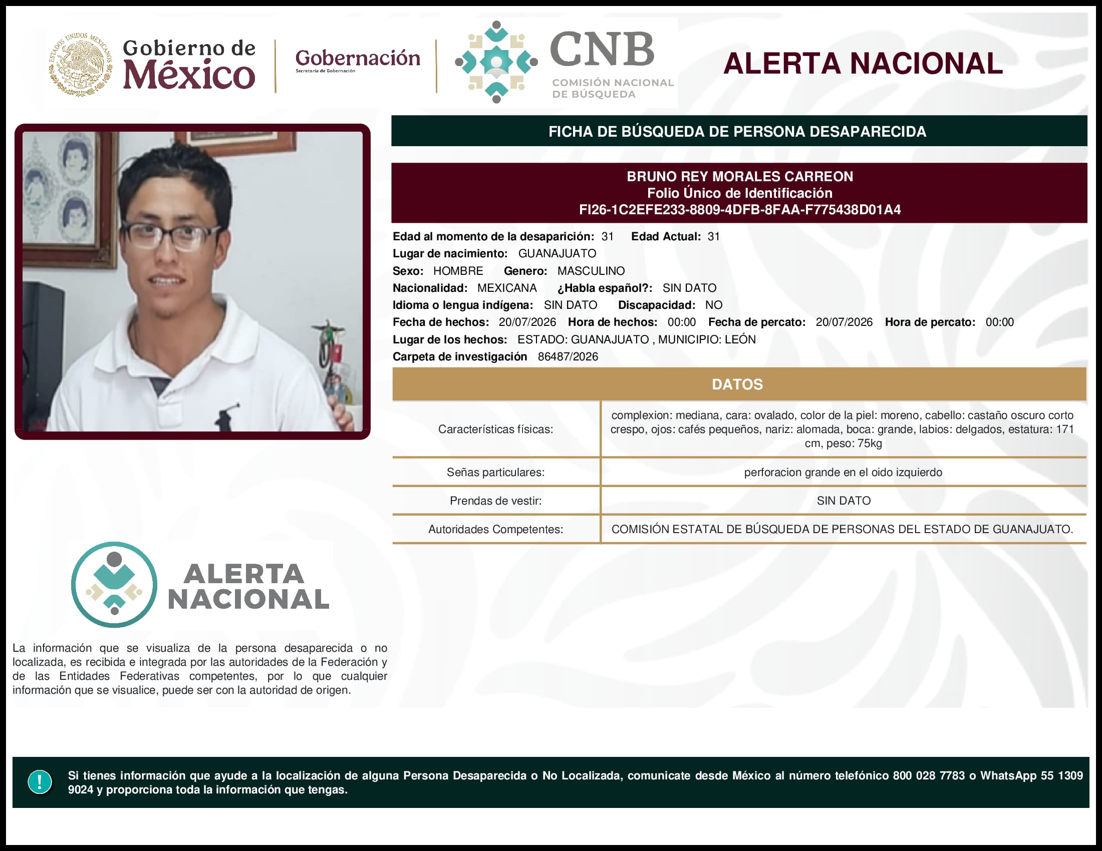 Persona desaparecida Bruno Rey Morales Carreon