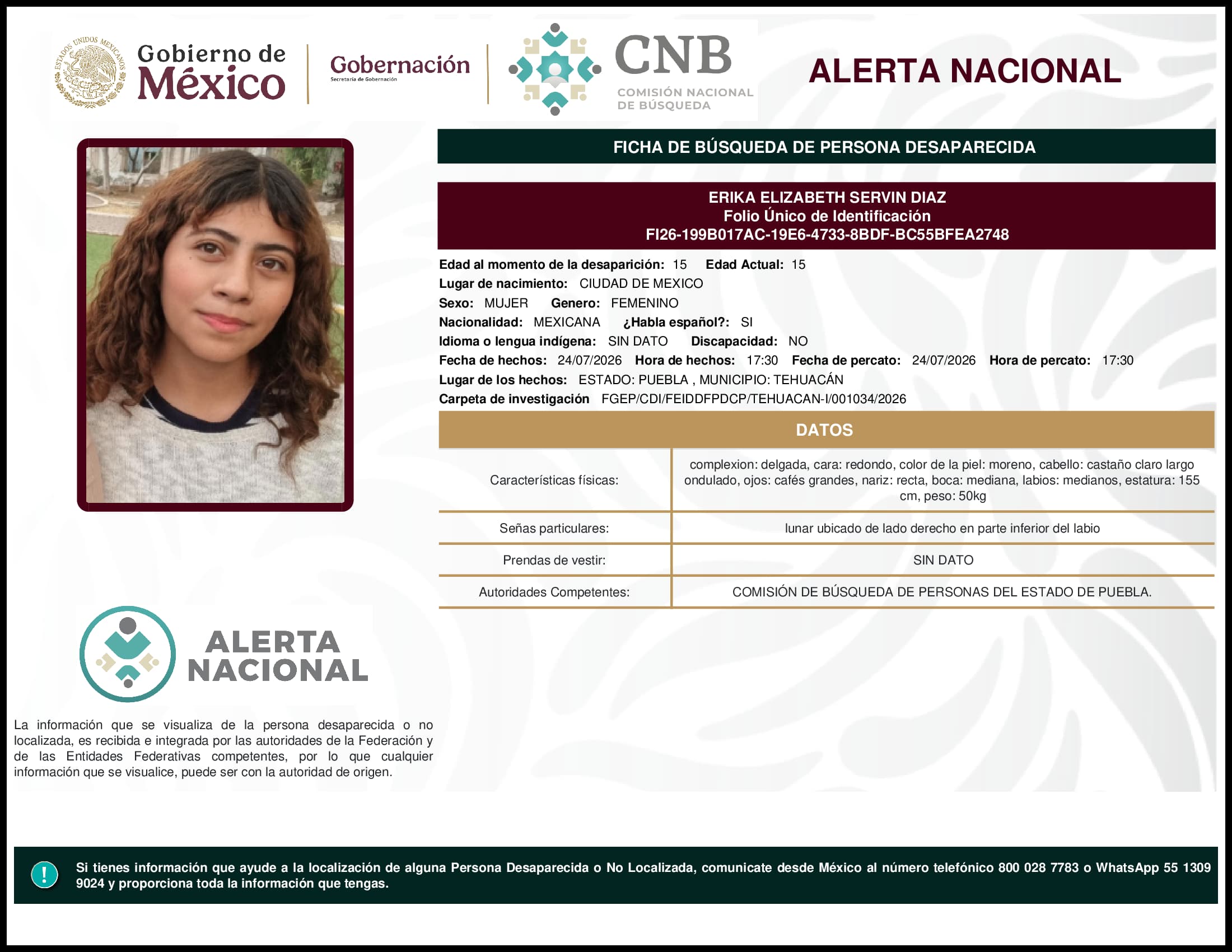 Persona desaparecida Erika Elizabeth Servin Diaz