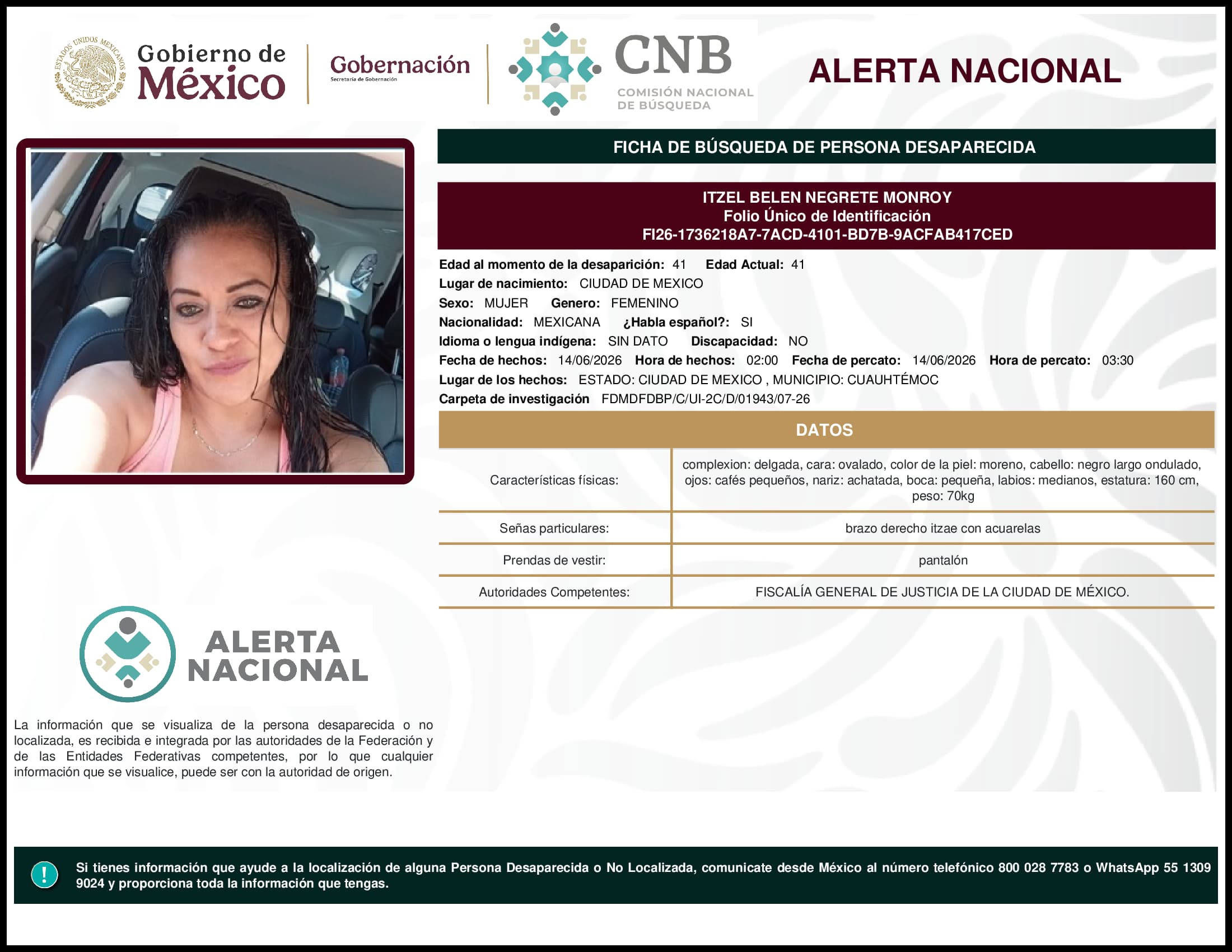 Persona desaparecida Itzel Belen Negrete Monroy