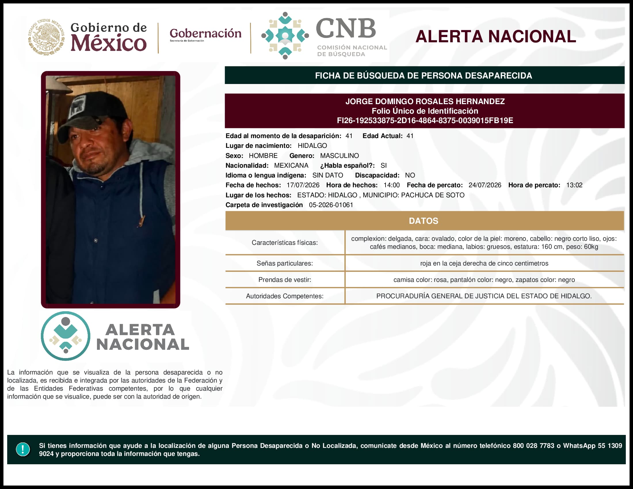 Persona desaparecida Jorge Domingo Rosales Hernandez