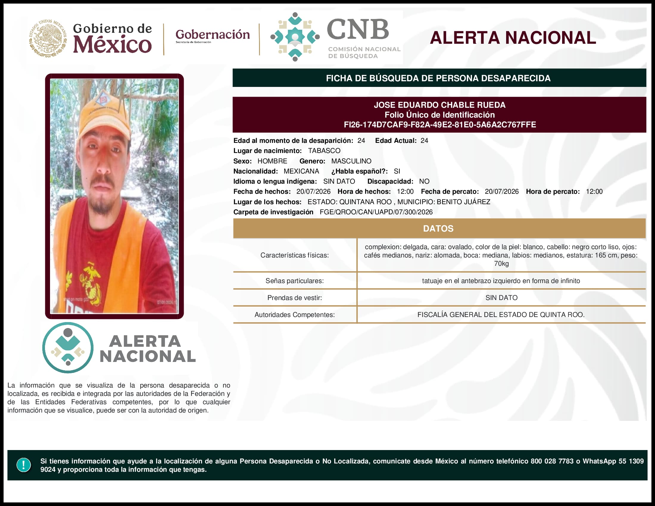 Persona desaparecida Jose Eduardo Chable Rueda